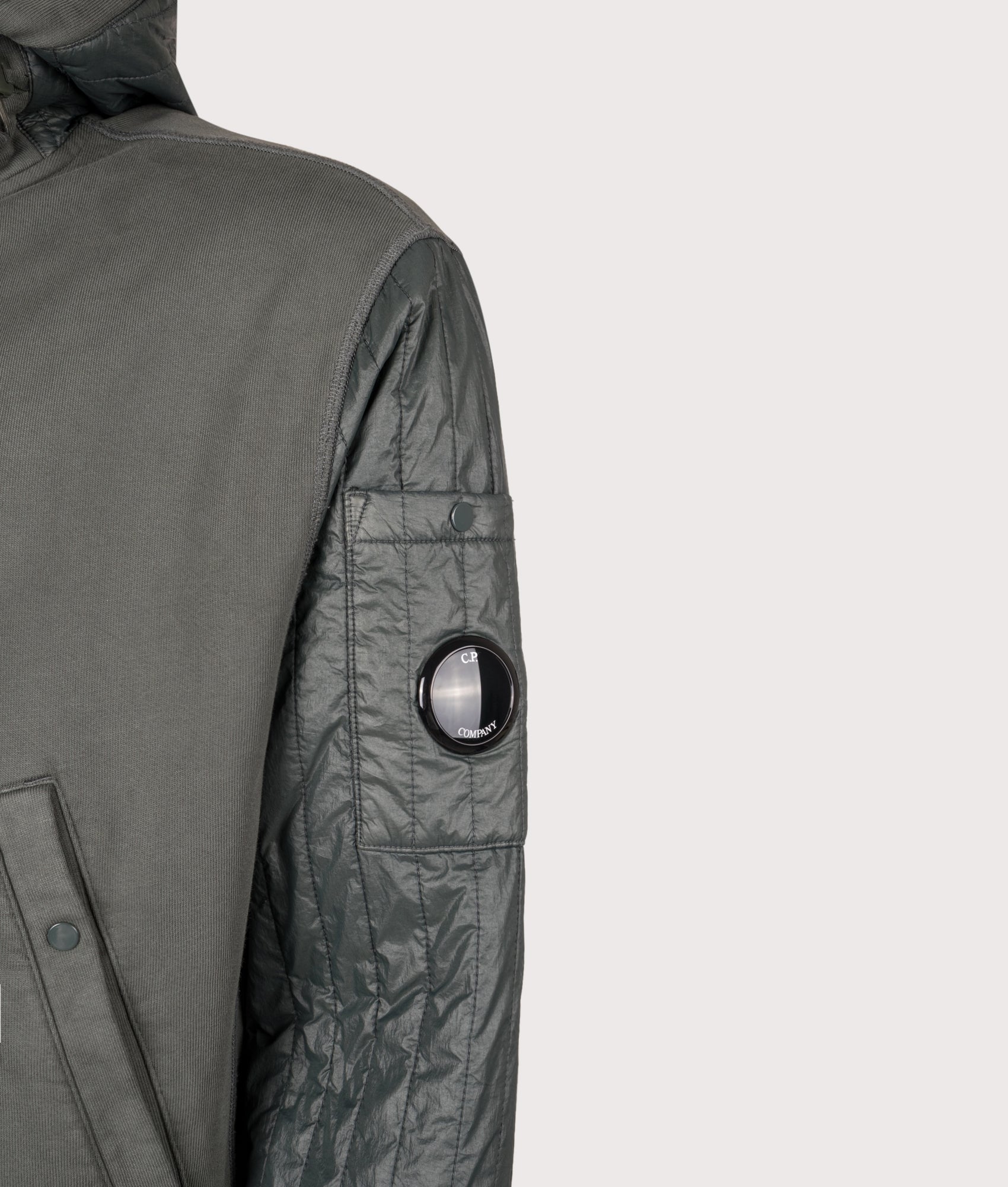 Diagonal Raised Fleece Full Zip Hooded Sweatshirt. Shot by EQVVS. Detail shot.