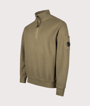 Diagonal Fleece Quarter Zip Sweatshirt in Capers | 100% Cotton | C.P. Company | EQVVS | Front angle shot 