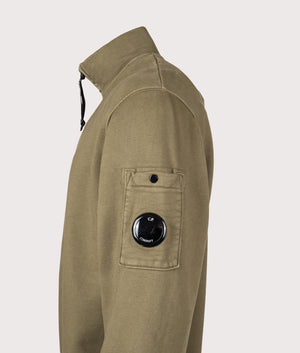 Diagonal Fleece Quarter Zip Sweatshirt in Capers | 100% Cotton | C.P. Company | EQVVS | Side angle shot 