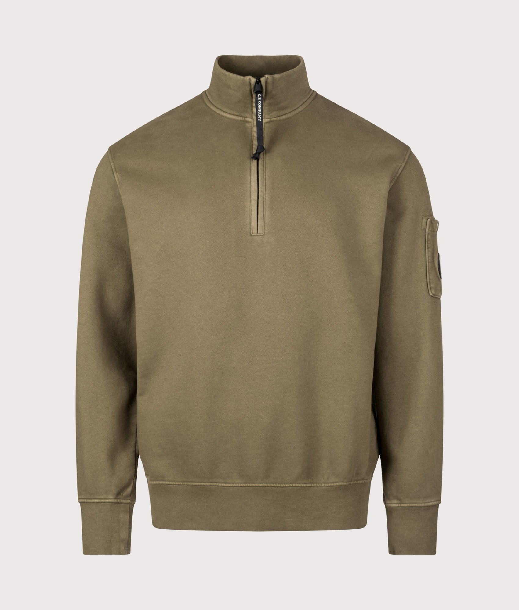 Diagonal Fleece Quarter Zip Sweatshirt in Capers | 100% Cotton | C.P. Company | EQVVS | Front shot 