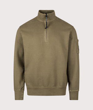 Diagonal Fleece Quarter Zip Sweatshirt in Capers | 100% Cotton | C.P. Company | EQVVS | Front shot 