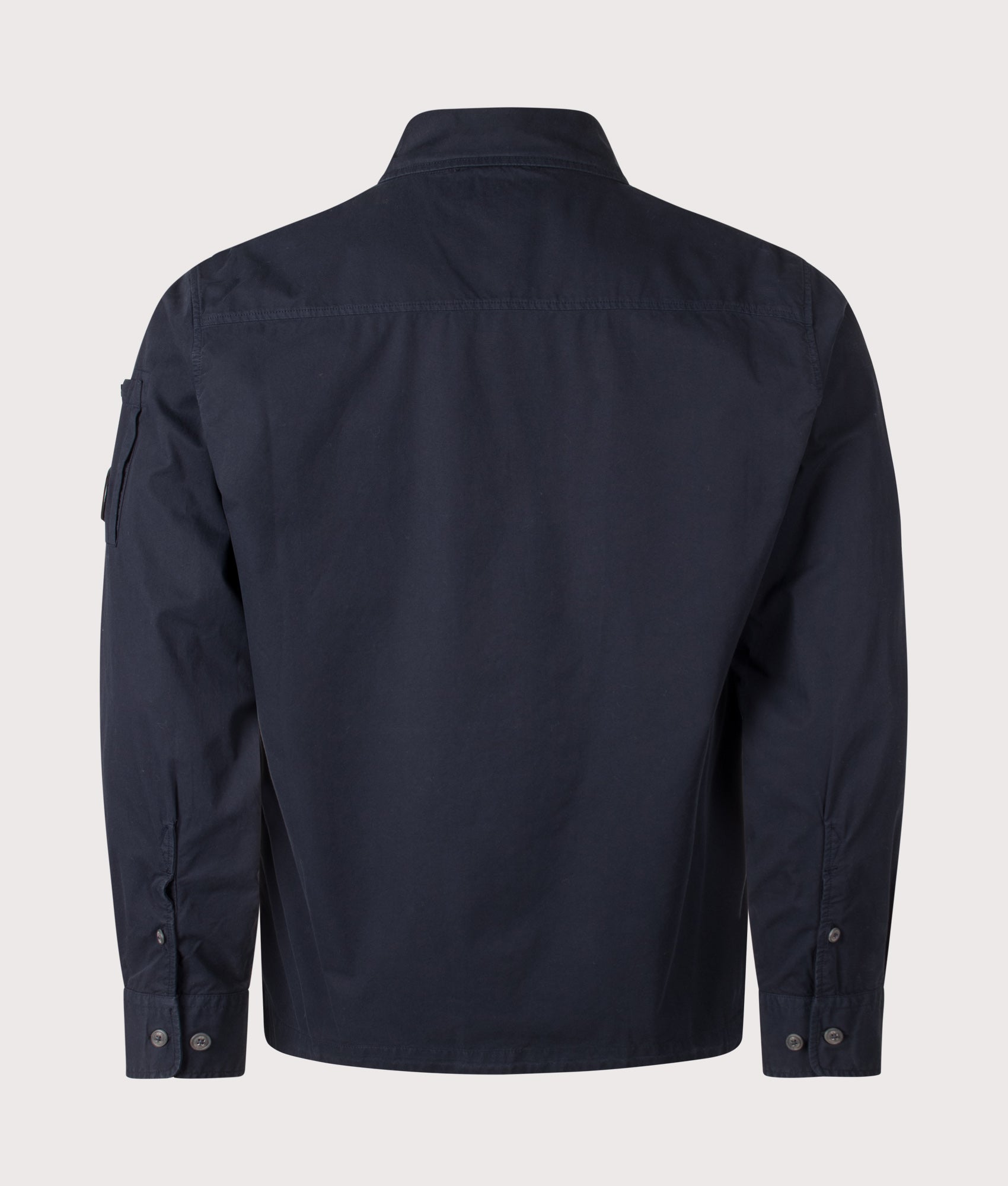 C.P. Company Organic Gabardine Zipped Lens Overshirt in Total Eclipse at EQVVS Menswear. Back shot.
