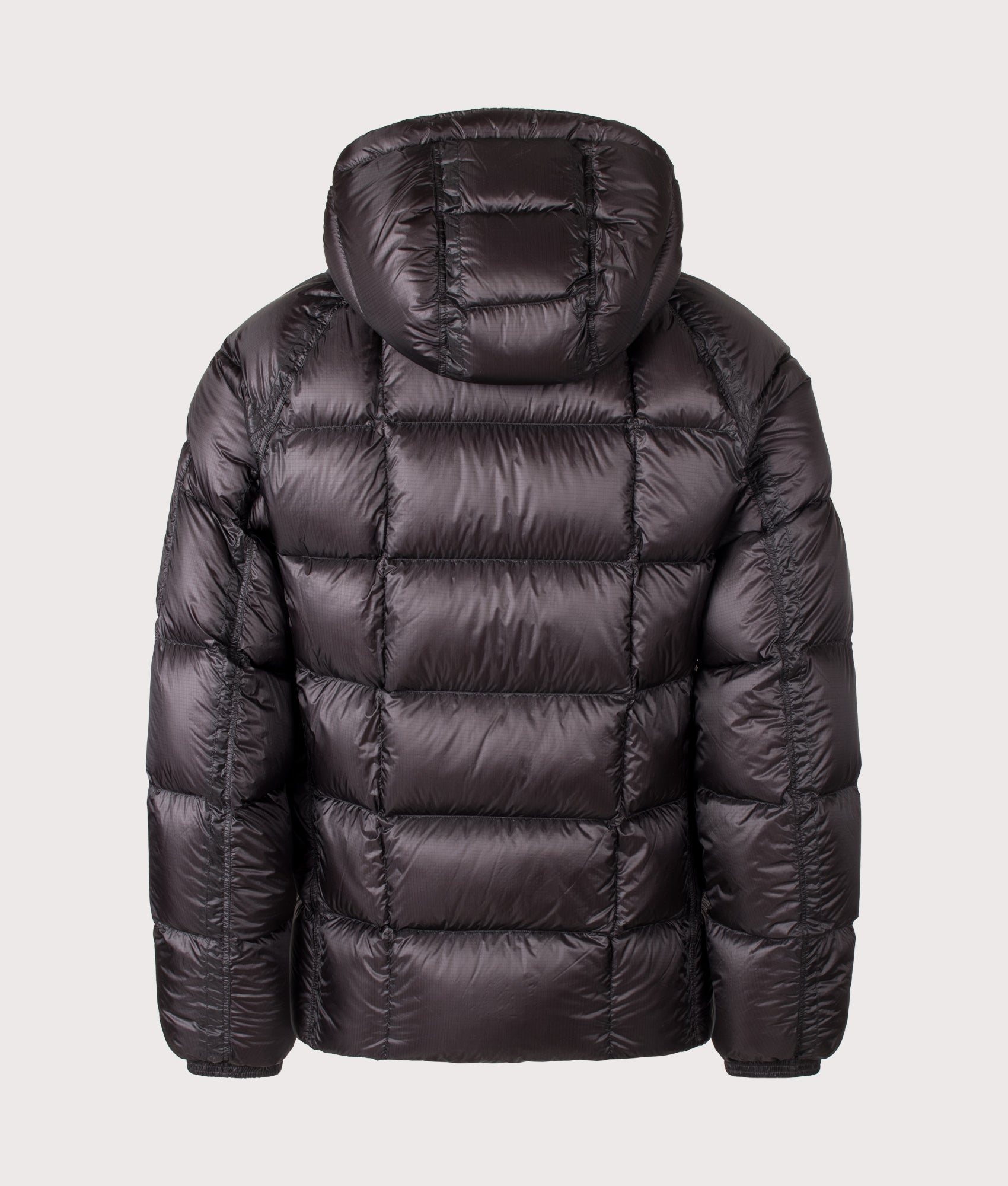 C.P. Company D.D. Shell Hooded Down Jacket in Black at EQVVS Menswear. Back shot.
