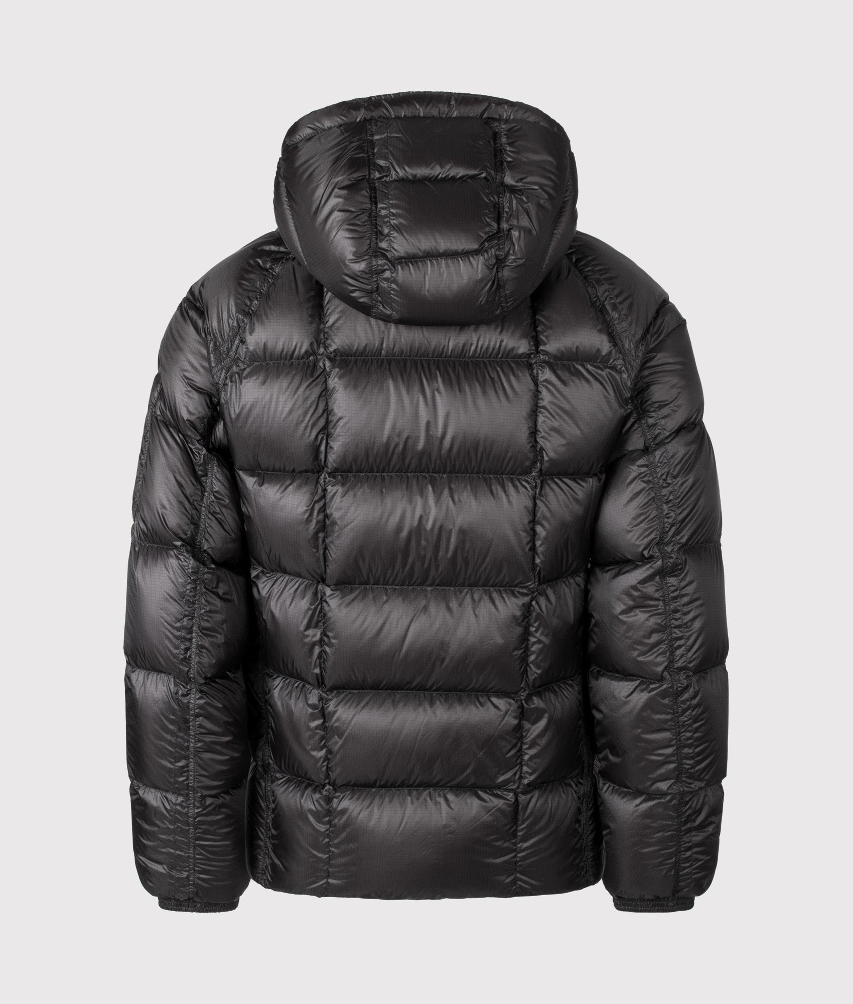 C.P. Company D.D. Shell Hooded Down Jacket in Black at EQVVS Menswear. Back shot.