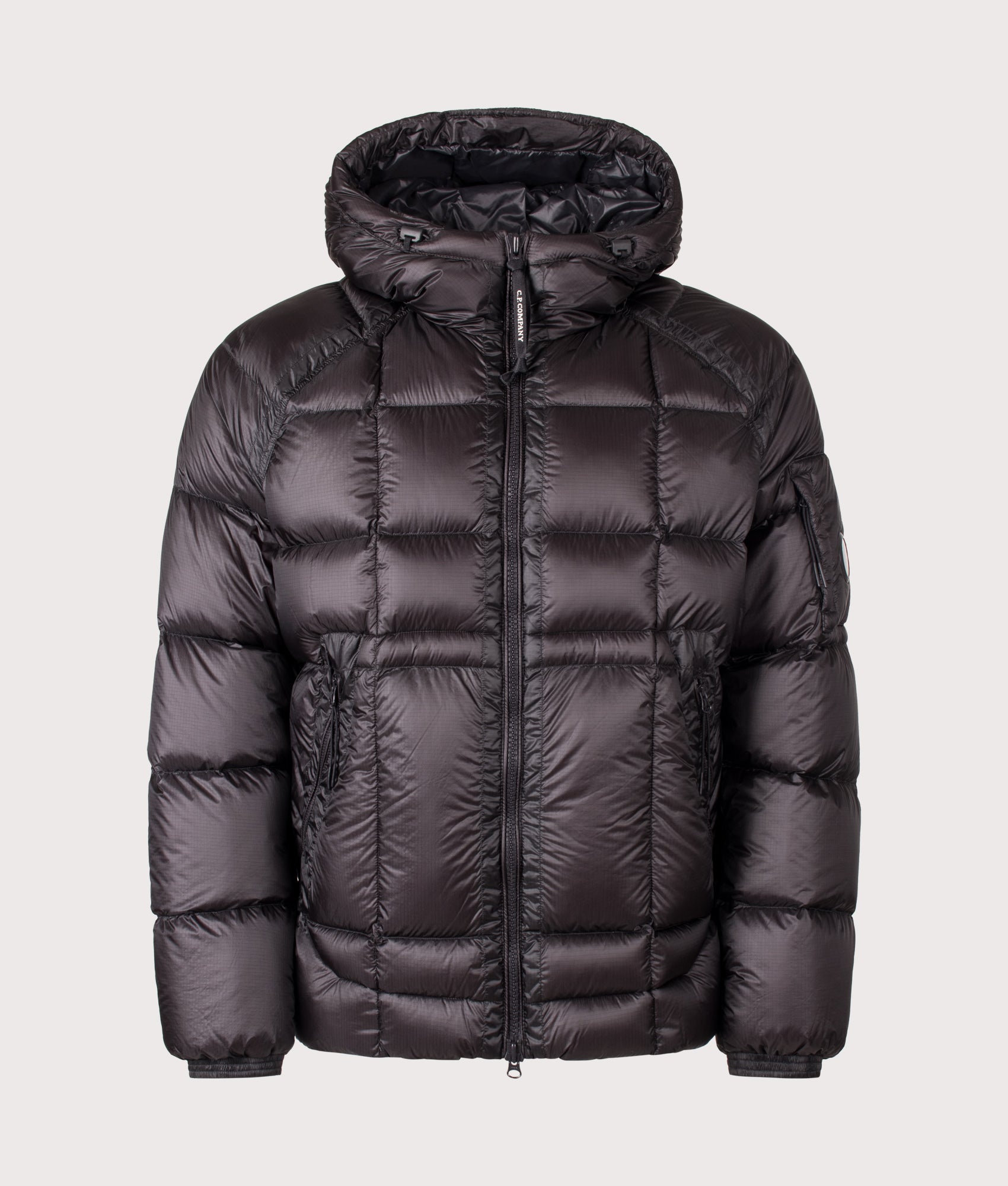 C.P. Company D.D. Shell Hooded Down Jacket in Black at EQVVS Menswear. Front shot.