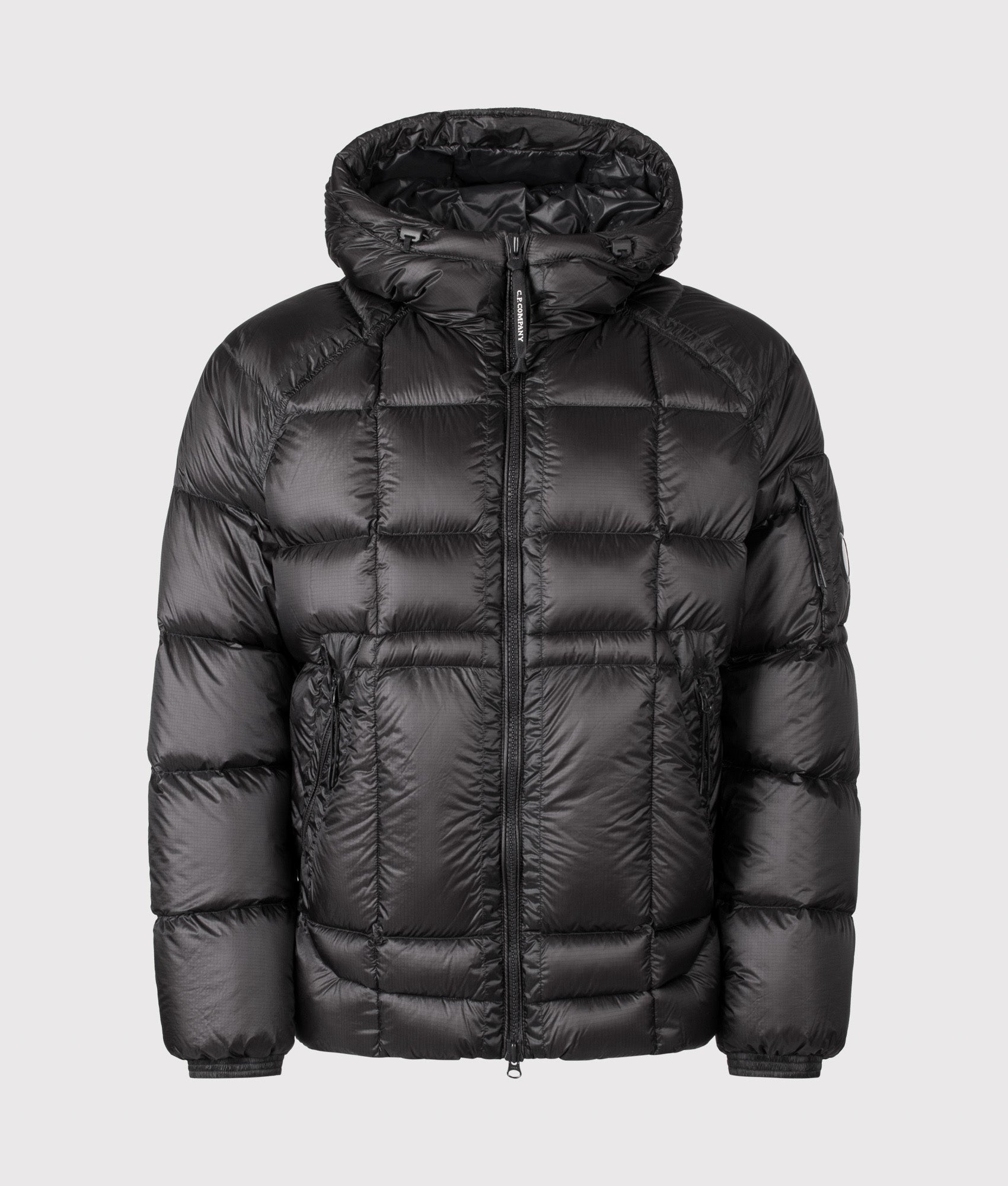 C.P. Company D.D. Shell Hooded Down Jacket in Black at EQVVS Menswear. Back shot.