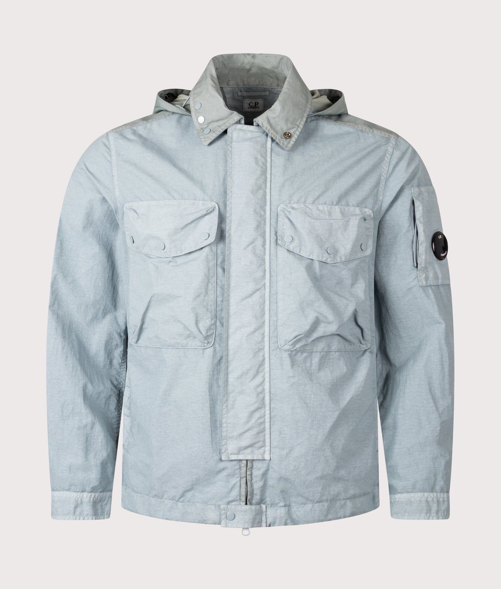 C.P. Company Flatt Nylon Mixed Goggle Overshirt in Silver blue at EQVVS Menswear. Front shot.