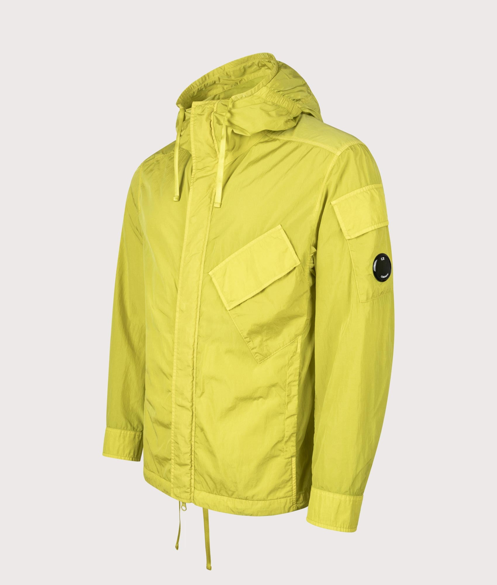 C.P. Company Chrome-R Hooded Lens Overshirt in Antique Moss at EQVVS Menswear. Angled front shot.
