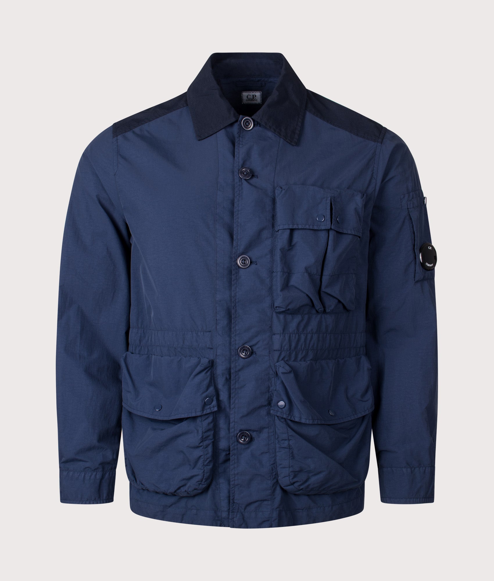 C.P. Company Flatt Nylon Mixed Button Lens Jacket in Midnight Navy at EQVVS Menswear. Front shot.