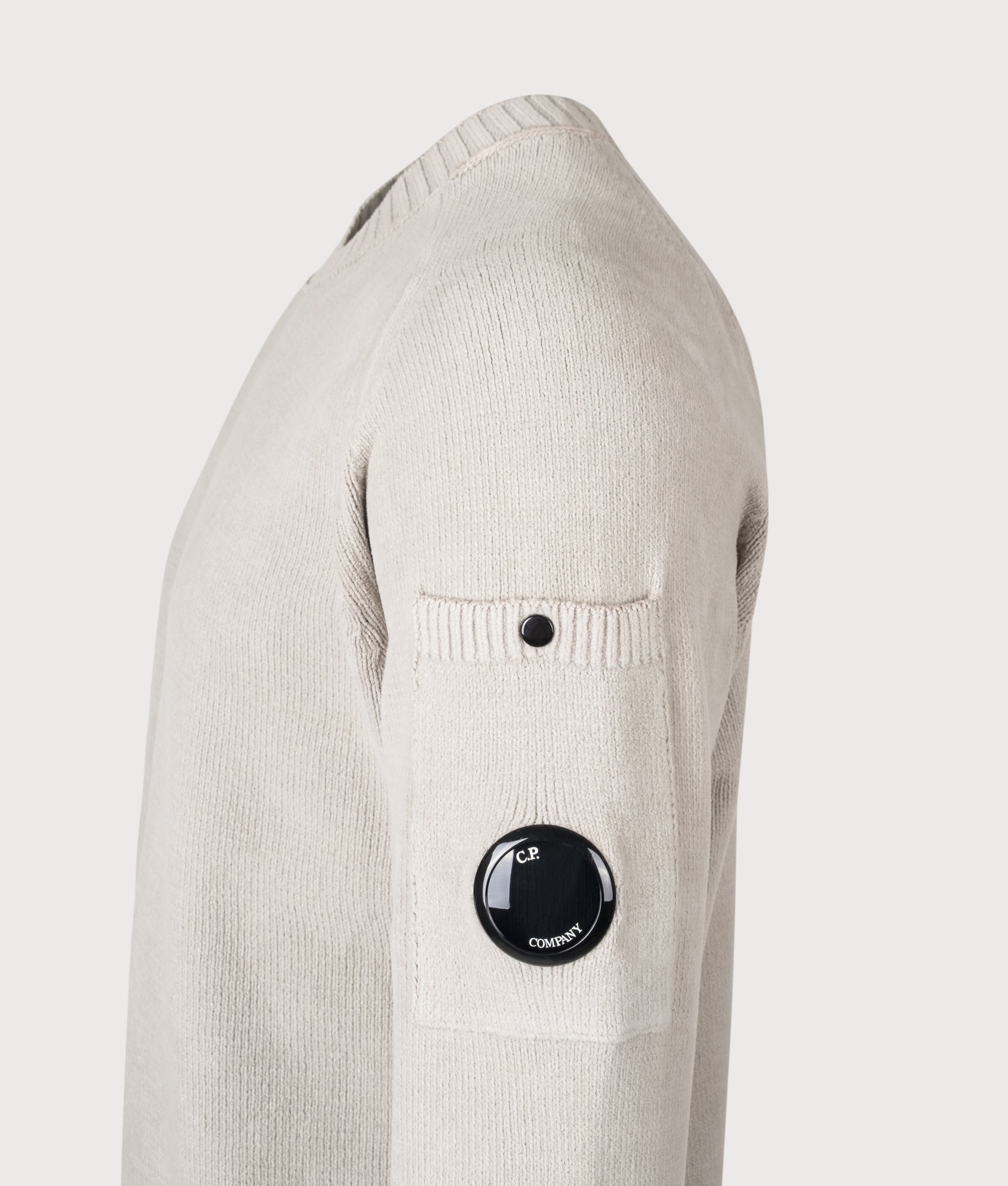 Cotton Chenille Crewneck Lens Jumper in Dove | Cotton Chenille | C.P. Company | EQVVS | Side detail shot 