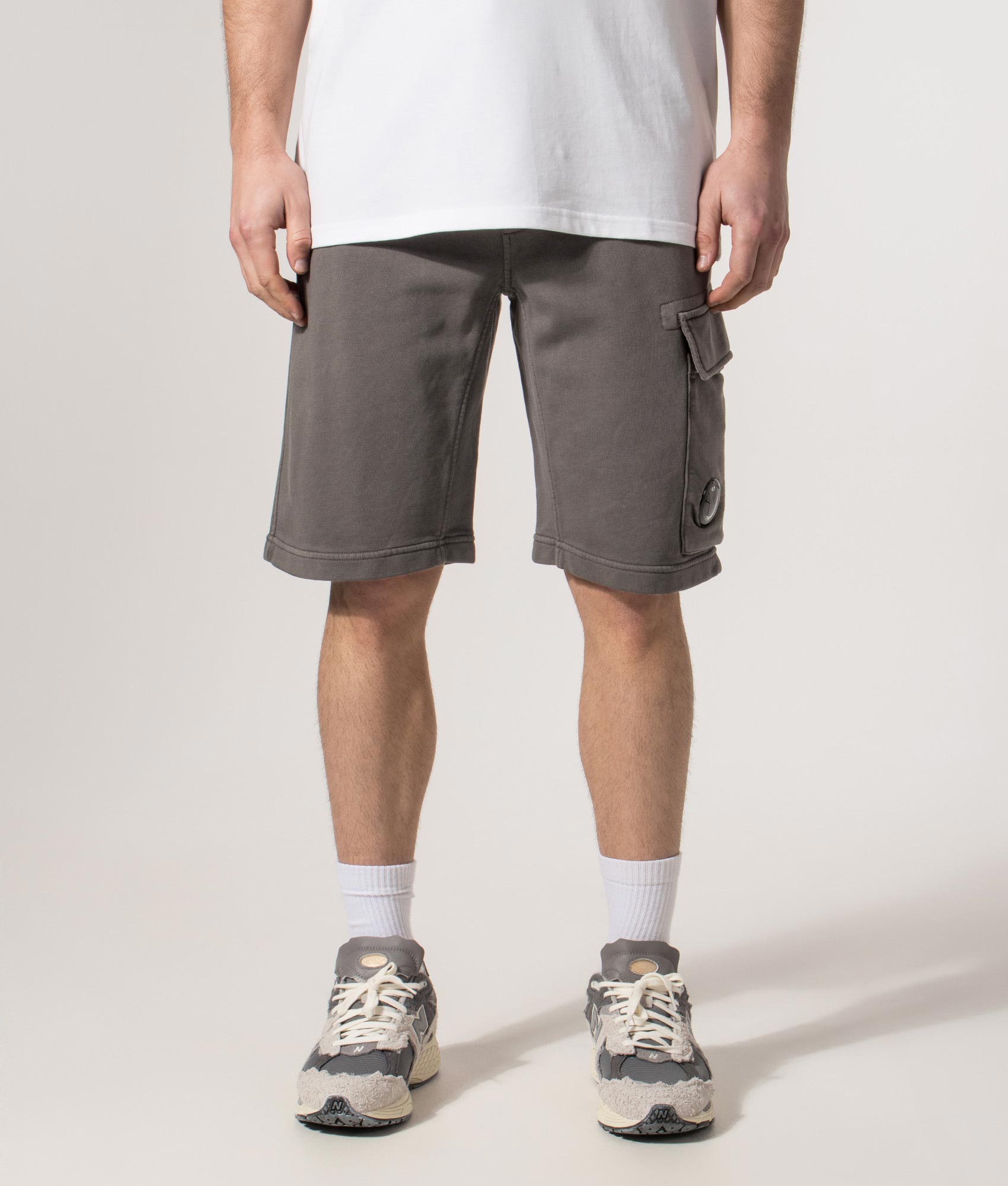 Diagonal Fleece Cargo Sweatshorts in Gunmetal | C.P. Company | EQVVS | Front model shot 