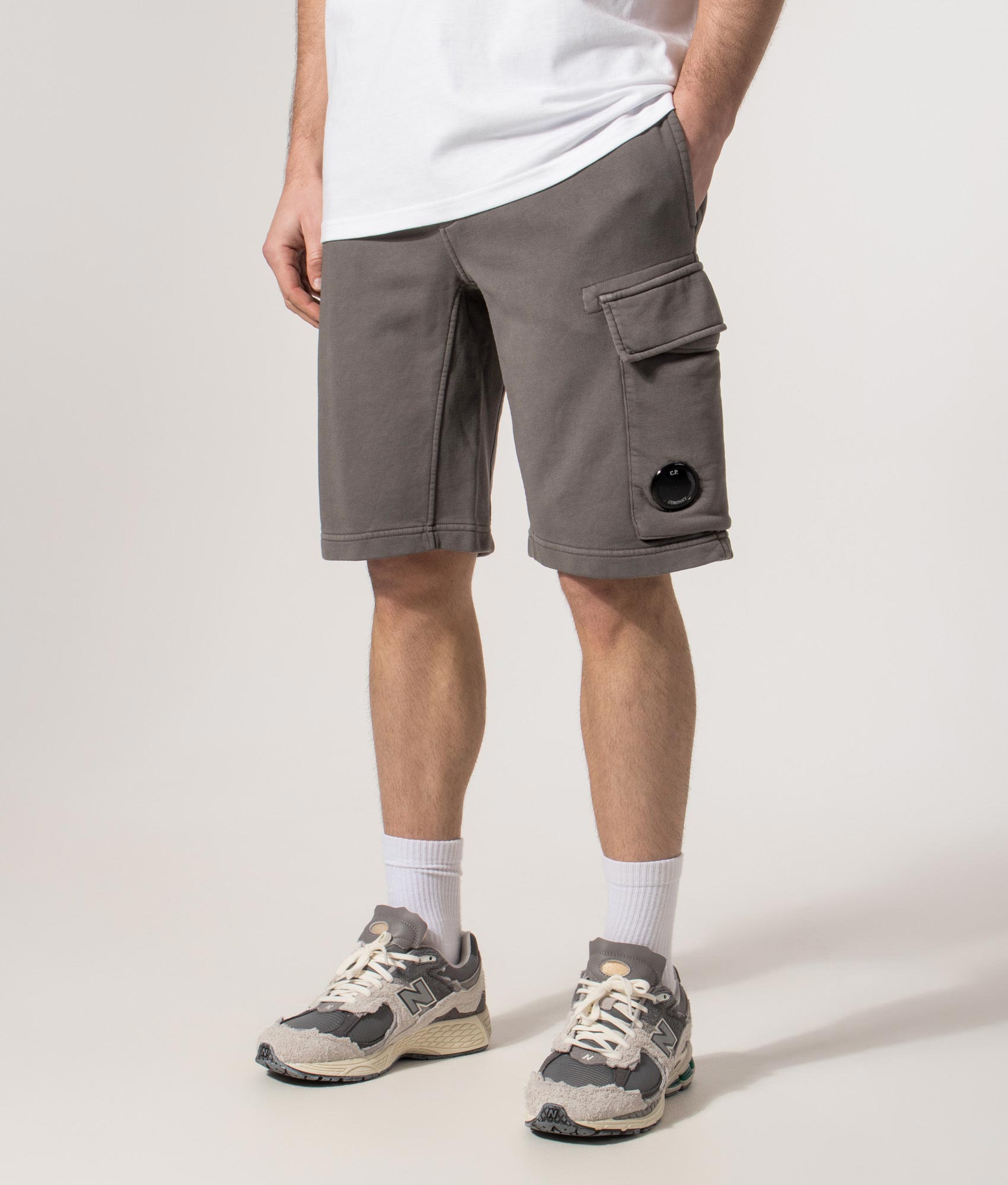 Diagonal Fleece Cargo Sweatshorts in Gunmetal | C.P. Company | EQVVS | Front angle model shot 