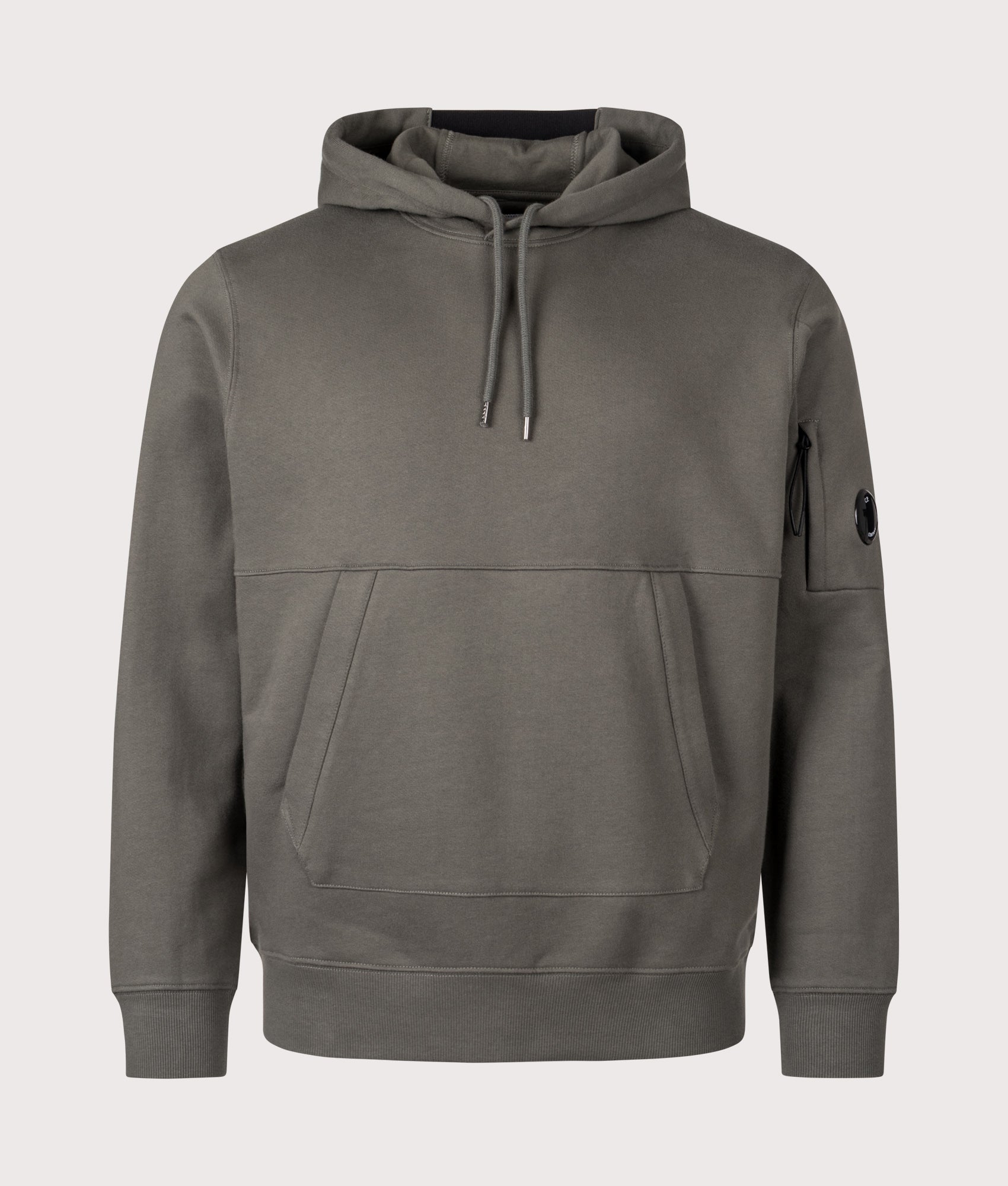 C.P. Company Diagonal Raised Fleece Lens Hoodie in Gunmetal at EQVVS Menswear. Front shot.