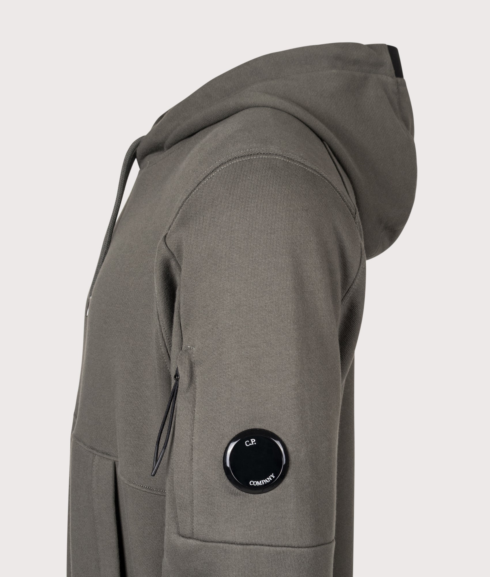 C.P. Company Diagonal Raised Fleece Lens Hoodie in Gunmetal at EQVVS Menswear. Detail shot.