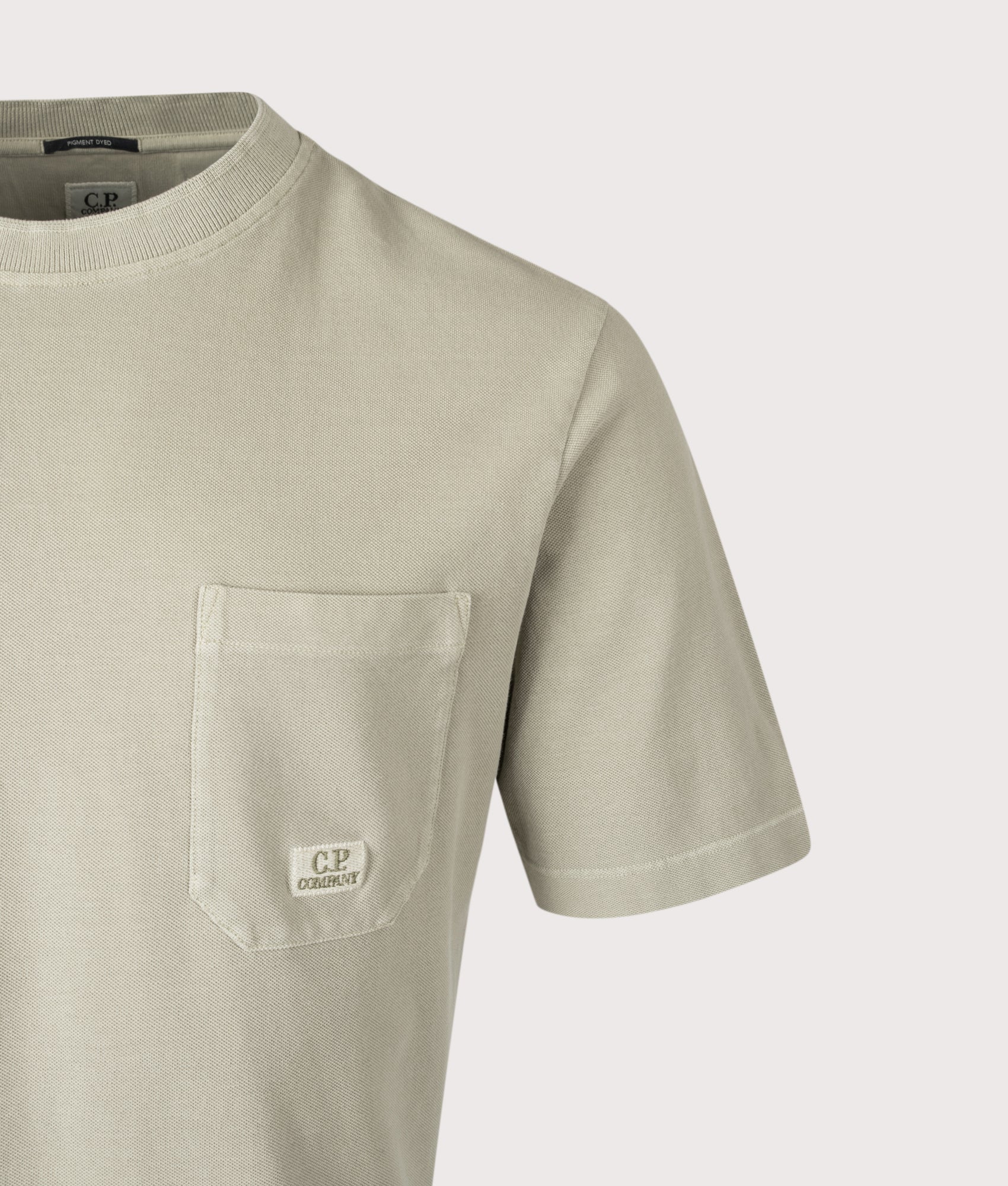 Piqué Pigment Dyed Pocket T-Shirt in Moss Gray | 100% Cotton | C.P. Company | EQVVS | Front detail shot 