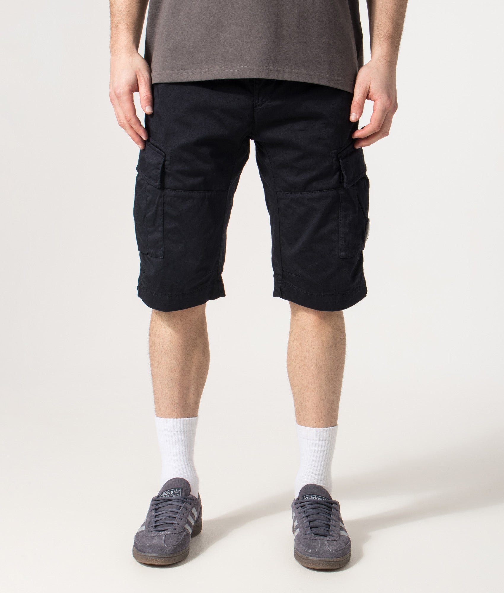 Regular Fit Stretch Sateen Cargo Lens Shorts in Total Eclipse | C.P. Company | EQVVS | Front model shot 