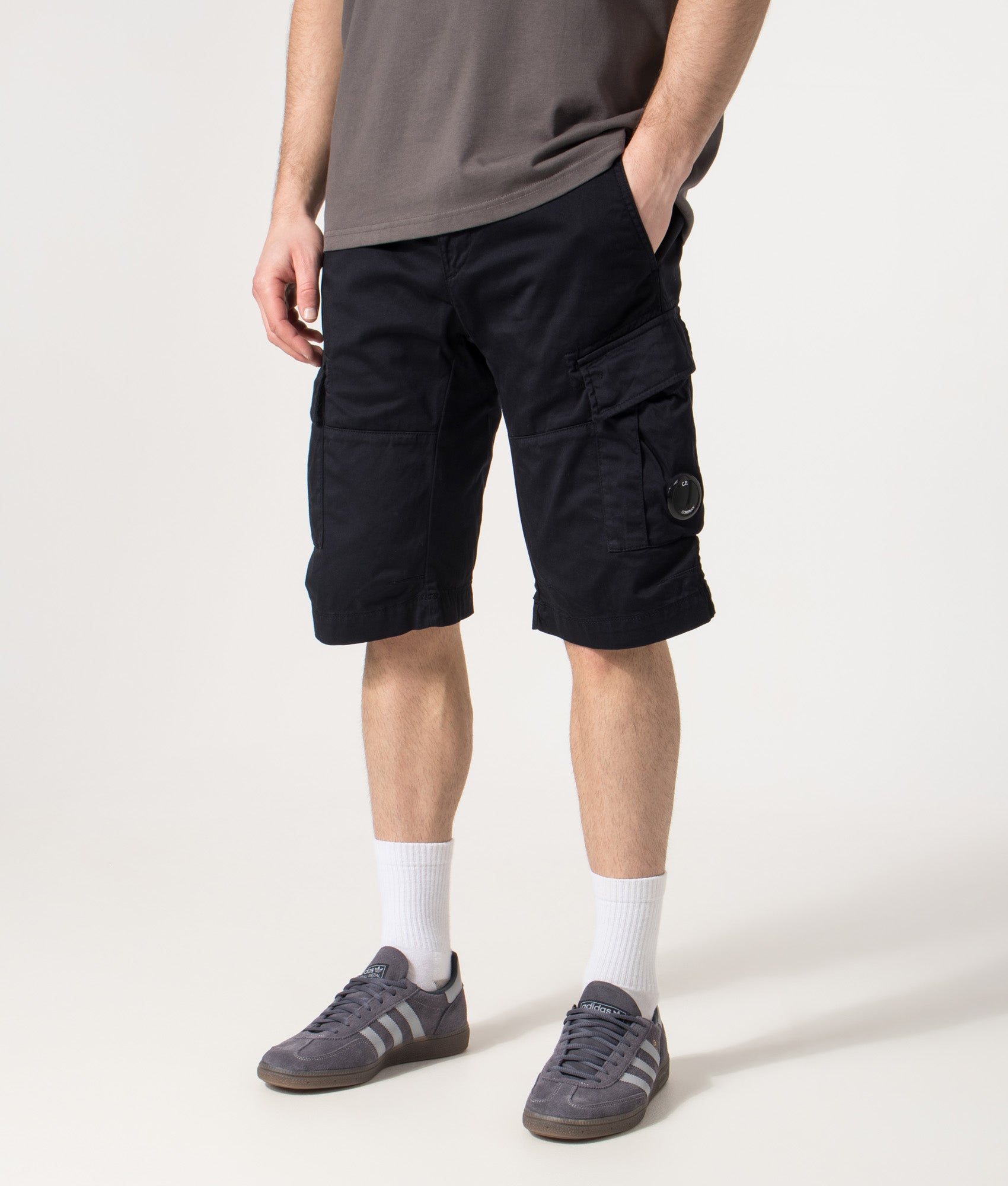 Regular Fit Stretch Sateen Cargo Lens Shorts in Total Eclipse | C.P. Company | EQVVS | Front model angle shot 