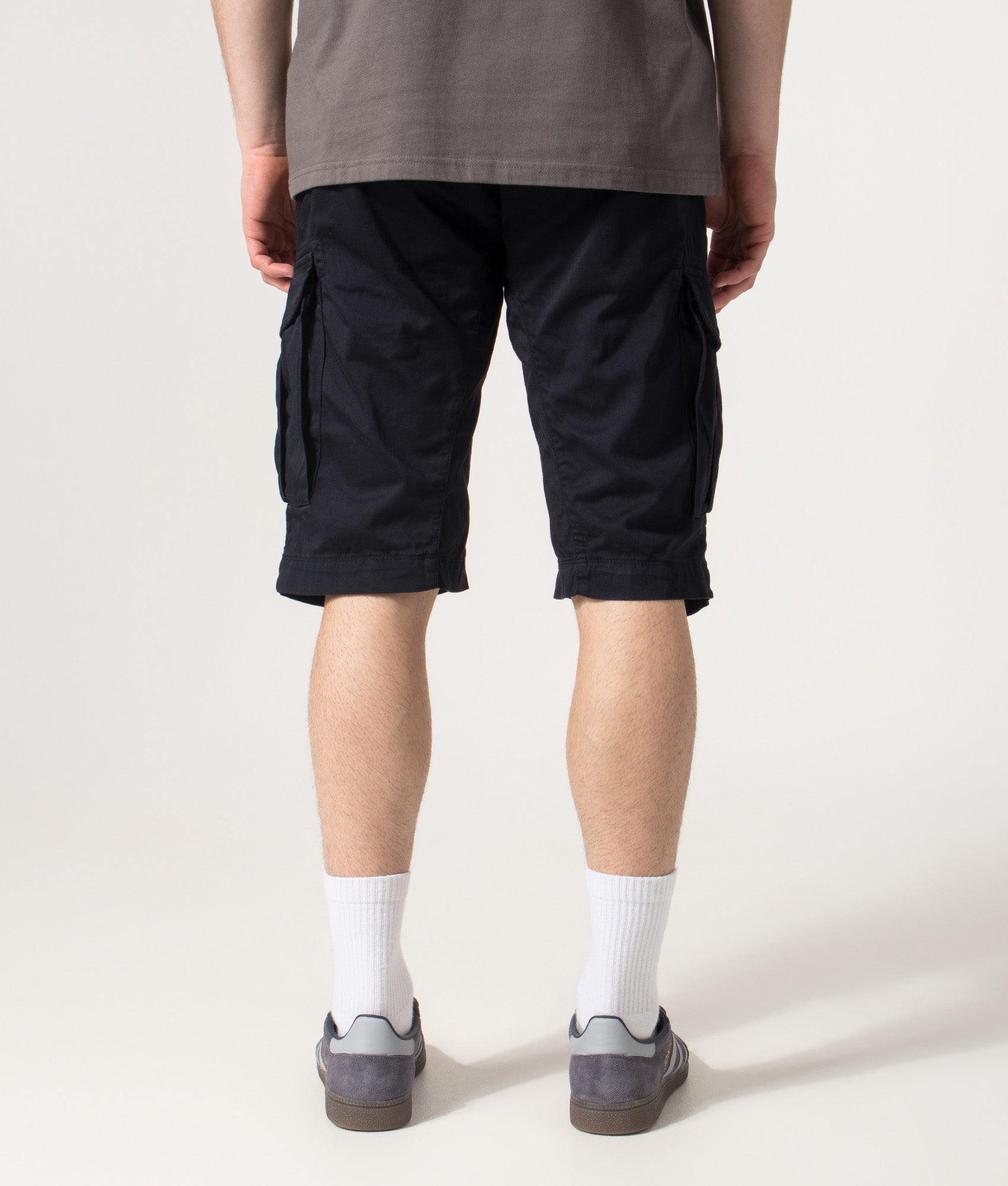 Regular Fit Stretch Sateen Cargo Lens Shorts in Total Eclipse | C.P. Company | EQVVS | Back model shot 