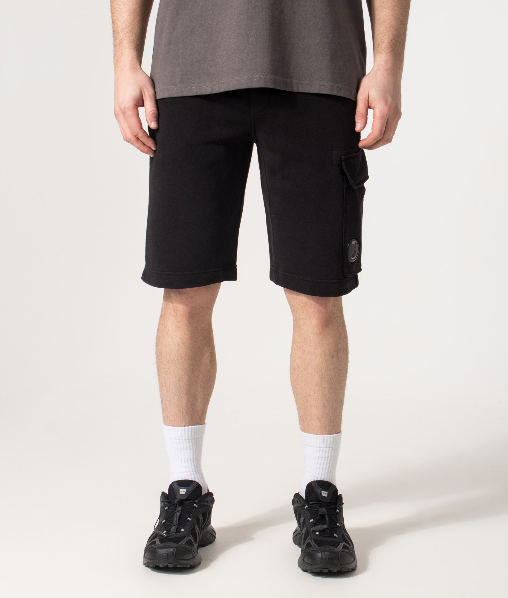 Diagonal Fleece Cargo Sweatshorts in Black | C.P. Company | EQVVS | Front model shot 