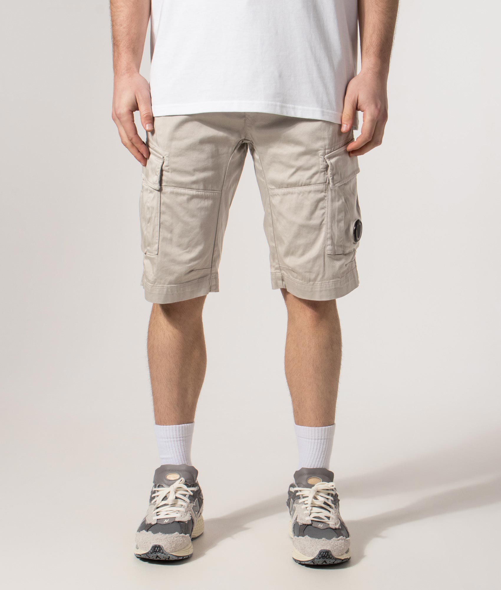 Stretch Sateen Cargo Lens Shorts in Dove | C.P. Company | EQVVS | Front model shot 