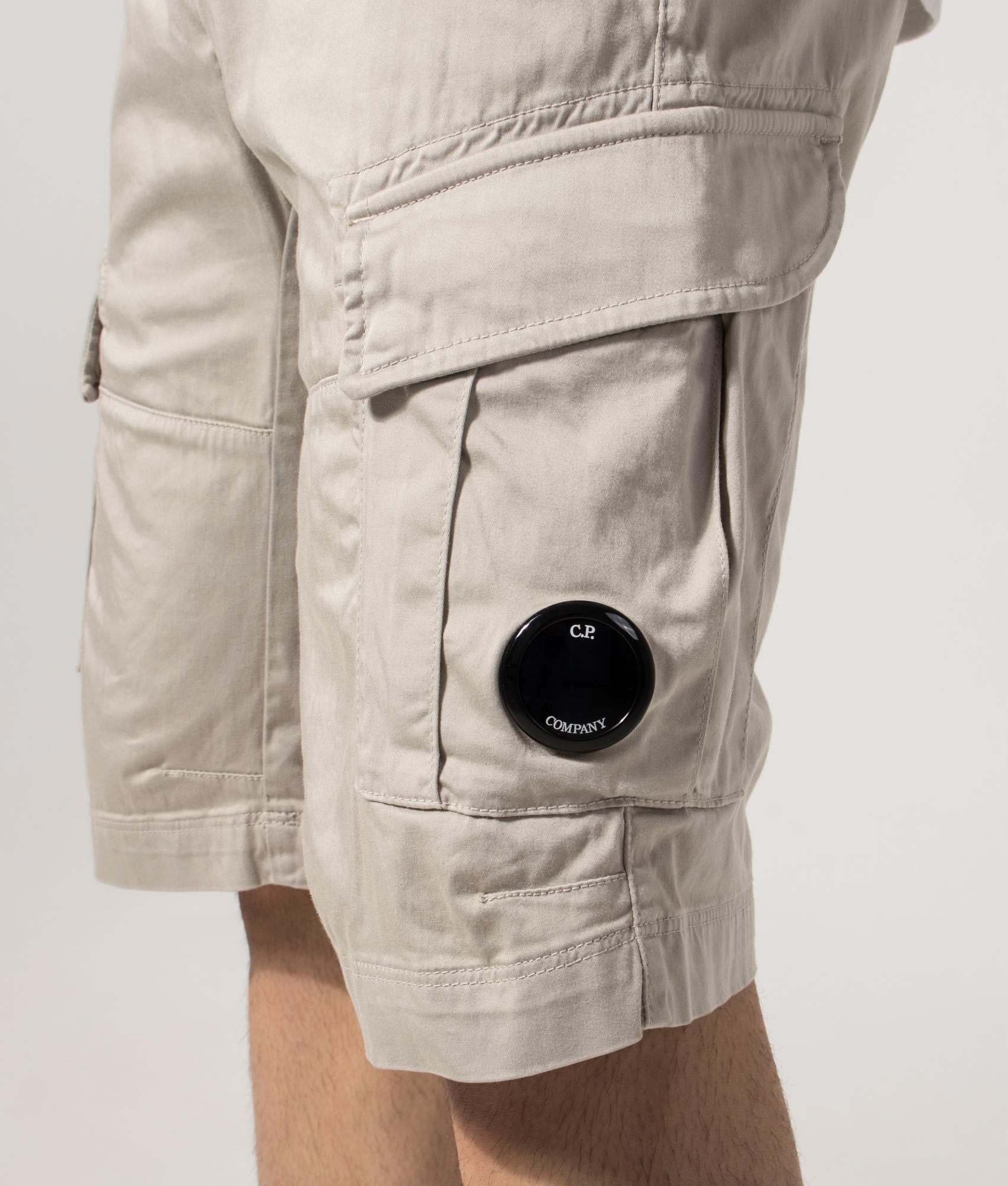 Stretch Sateen Cargo Lens Shorts in Dove | C.P. Company | EQVVS | Front angle detail model shot 