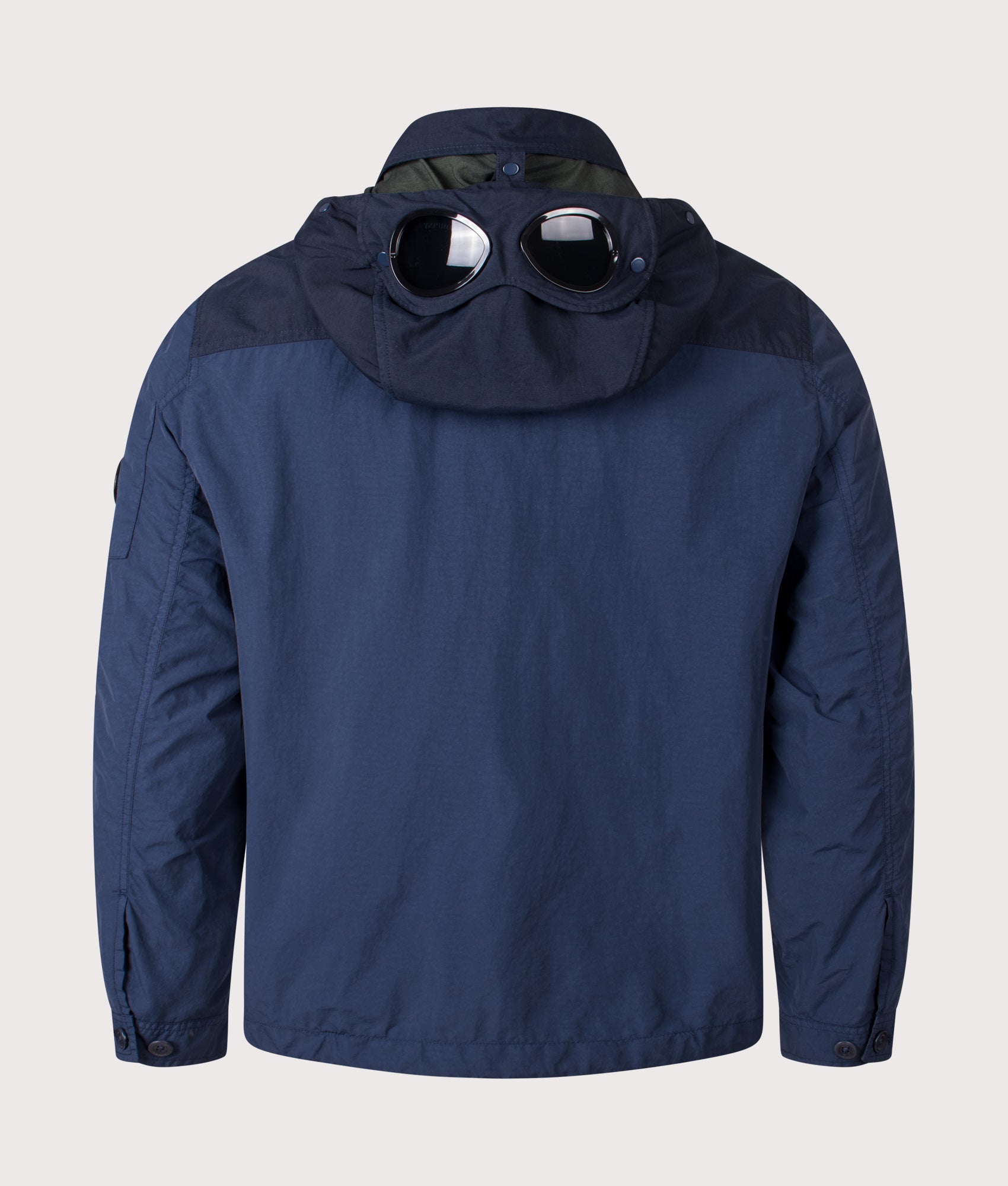 C.P. Company Flatt Nylon Mixed Goggle Overshirt in Midnight Navy at EQVVS Menswear. Back shot.