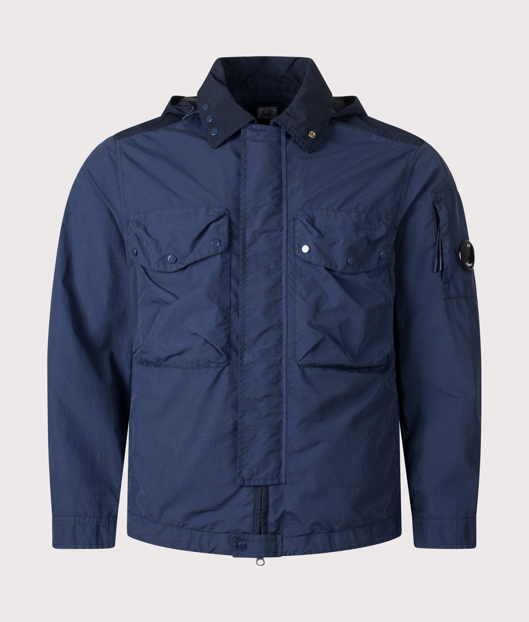 C.P. Company Flatt Nylon Mixed Goggle Overshirt in Midnight Navy at EQVVS Menswear. Front shot.