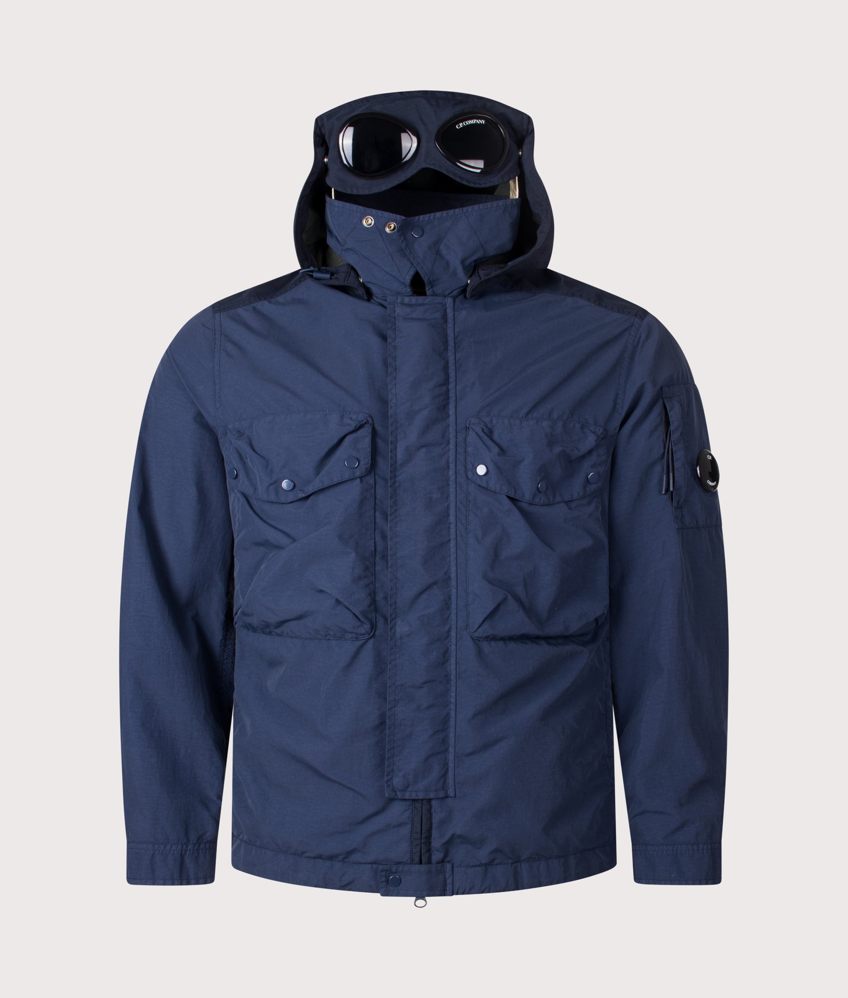 C.P. Company Flatt Nylon Mixed Goggle Overshirt in Midnight Navy at EQVVS Menswear. Front shot.