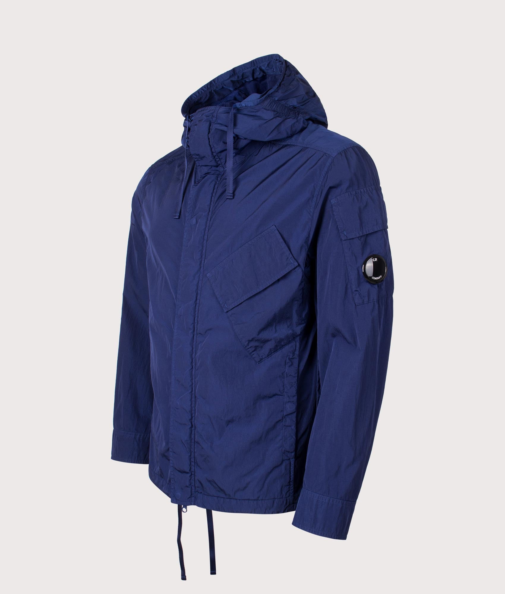 C.P. Company Chrome-R Hooded Lens Overshirt in Blueprint at EQVVS Menswear. Angled front shot.
