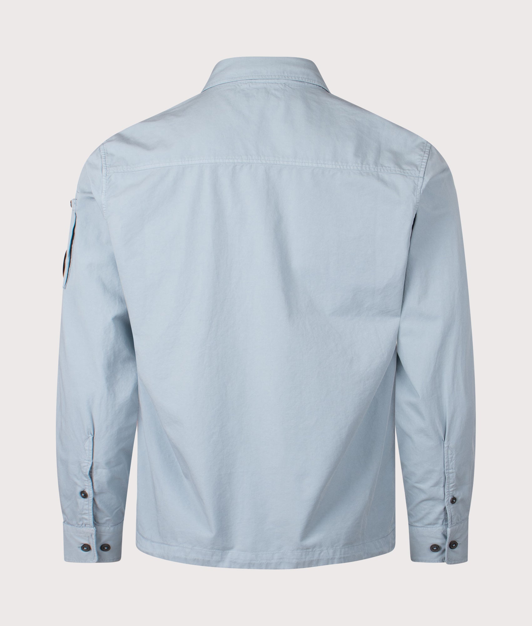 C.P Company Gabardine Zipped Lens Overshirt in Silver Blue at EQVVS Menswear. Back shot.