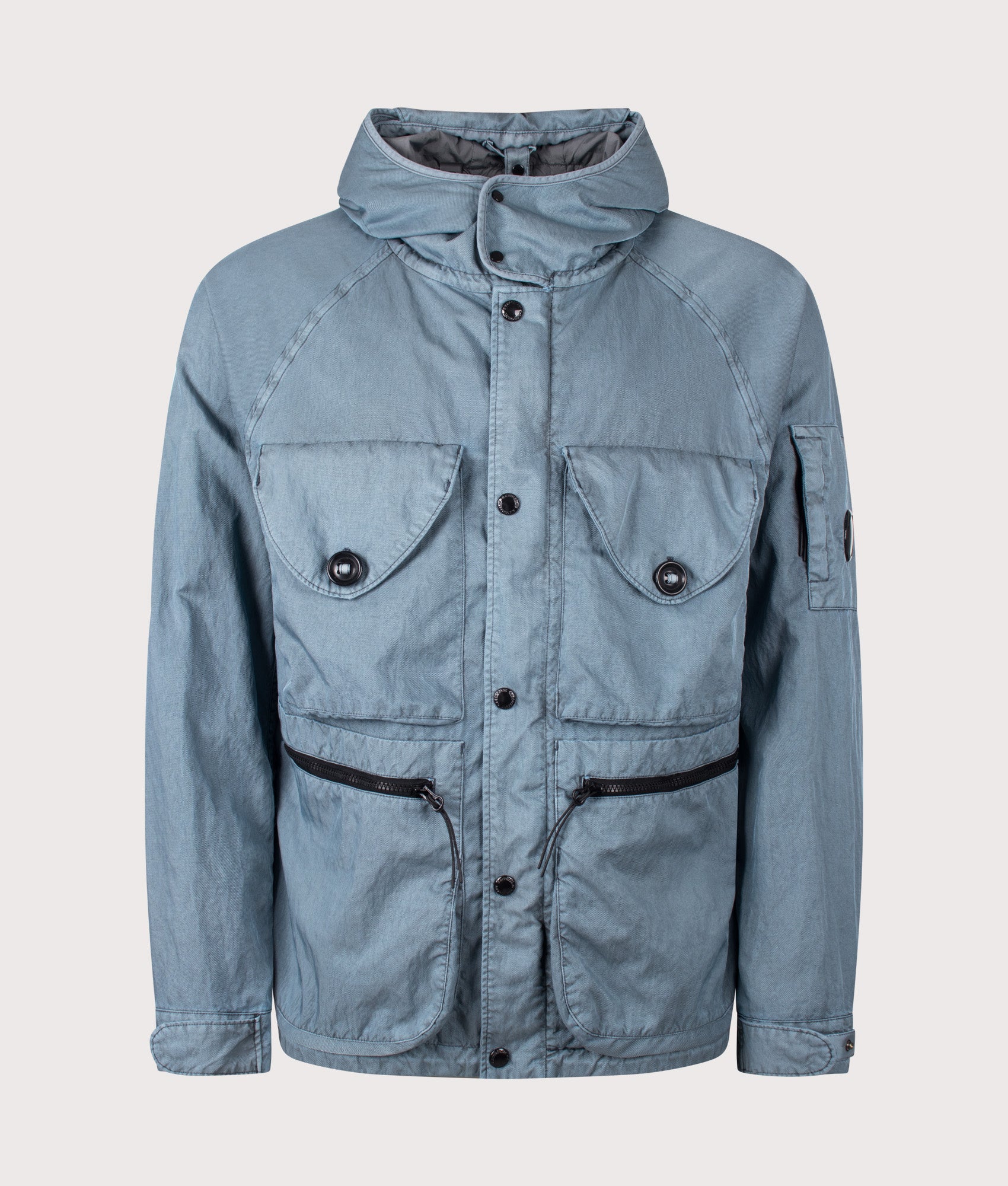 Panama-R Mixed Goggle Jacket in Silver Blue by C.P. Company. Shot by EQVVS. Front shot.