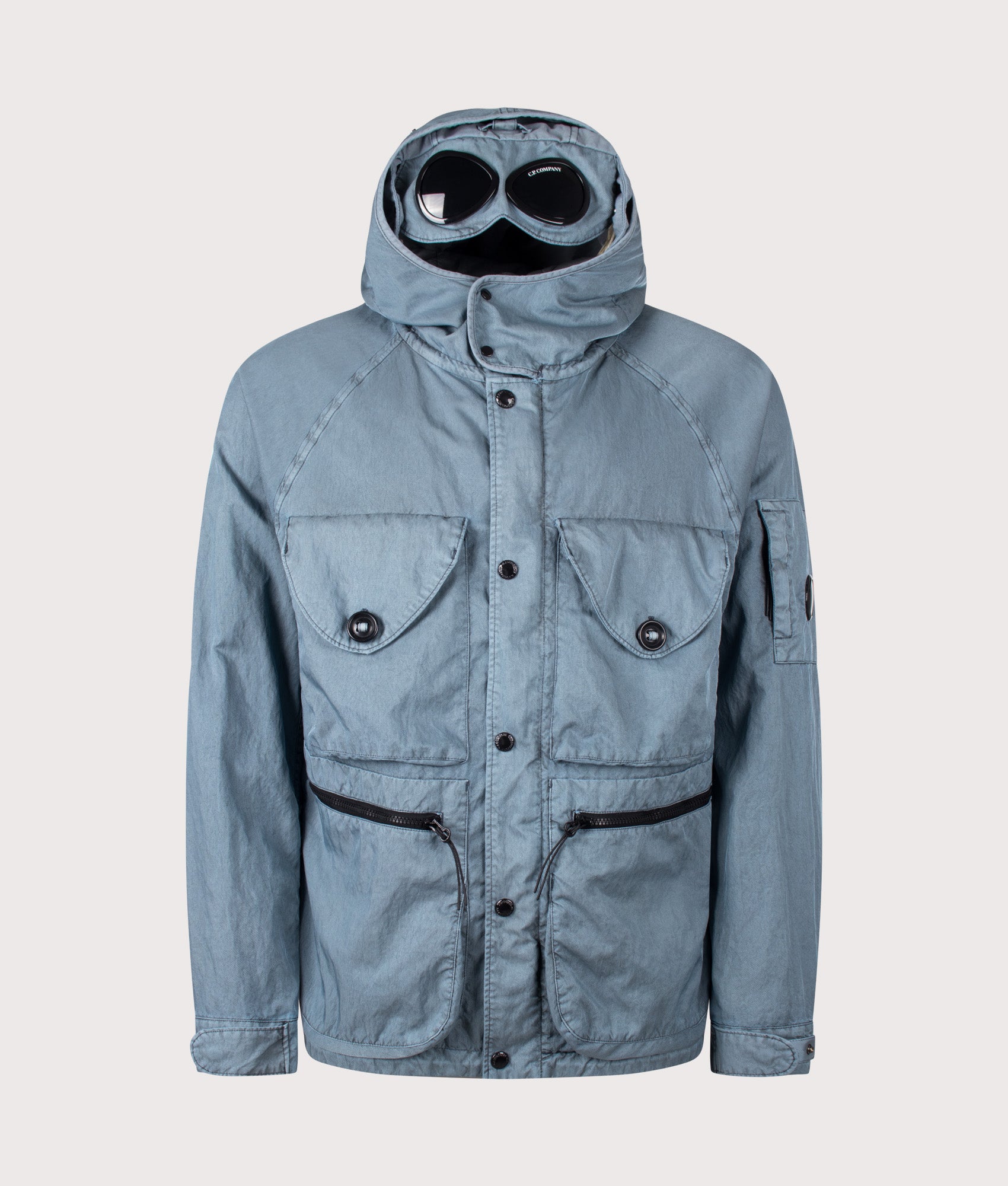 Panama-R Mixed Goggle Jacket in Silver Blue by C.P. Company. Shot by EQVVS. Front Goggle shot.