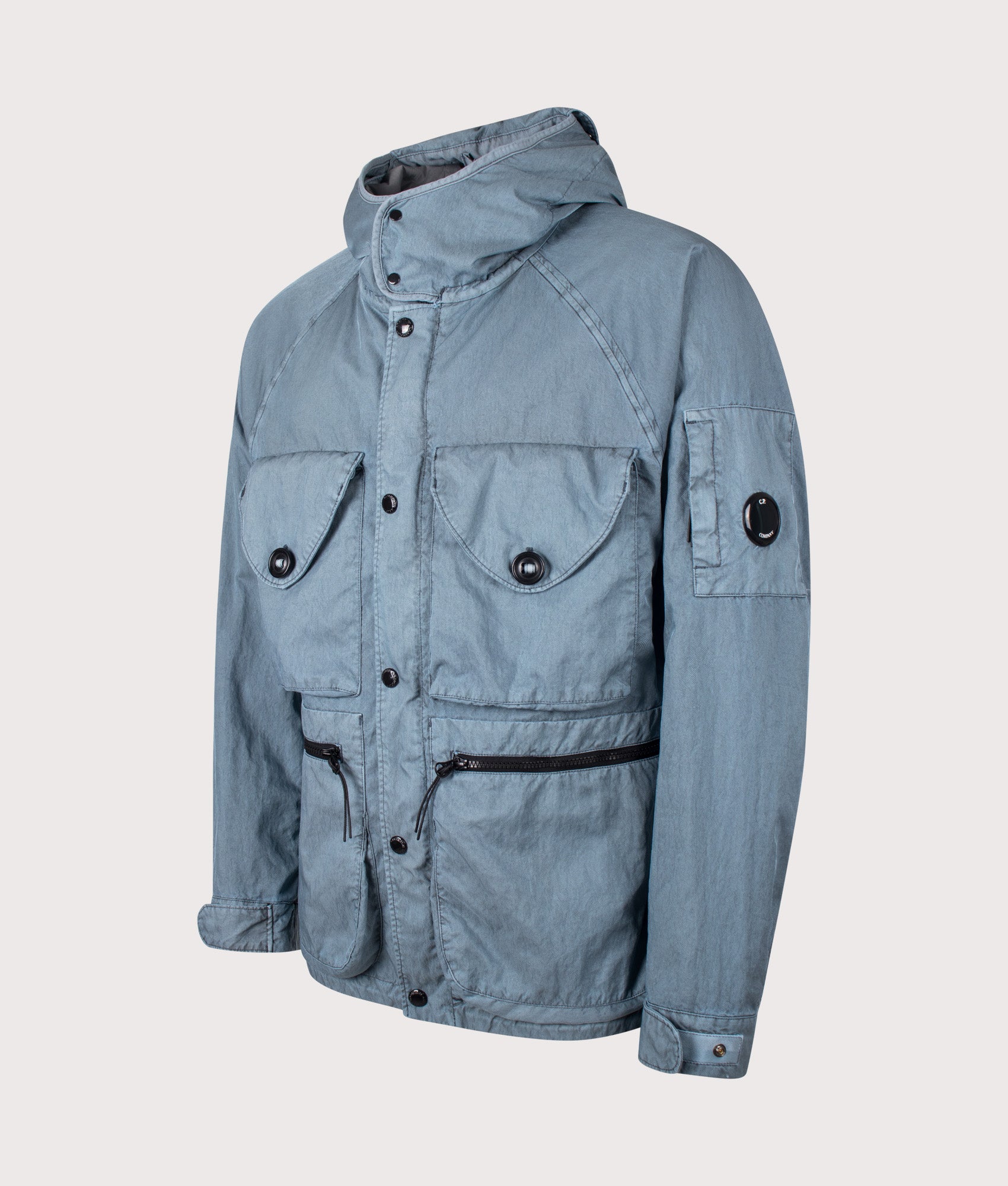 Panama-R Mixed Goggle Jacket in Silver Blue by C.P. Company. Shot by EQVVS. Front angled shot.