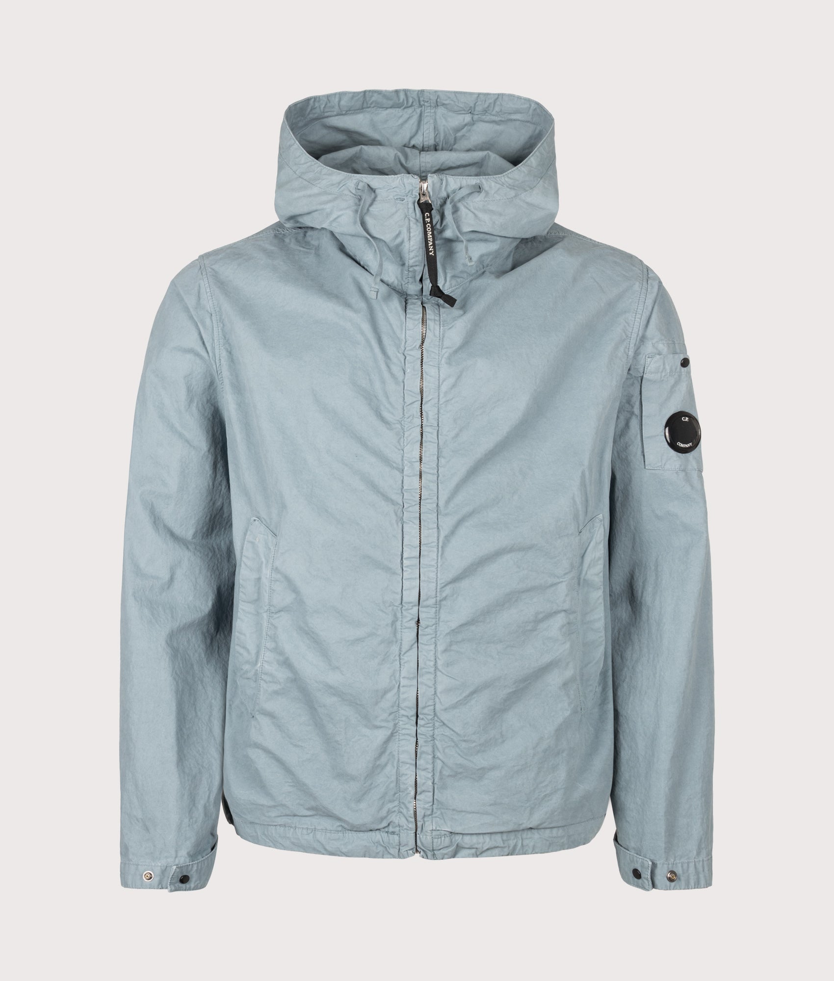 C.P. Company Micro-Reps Hooded Lens Jacket in Silver Blue at EQVVS Menswear. Front shot.