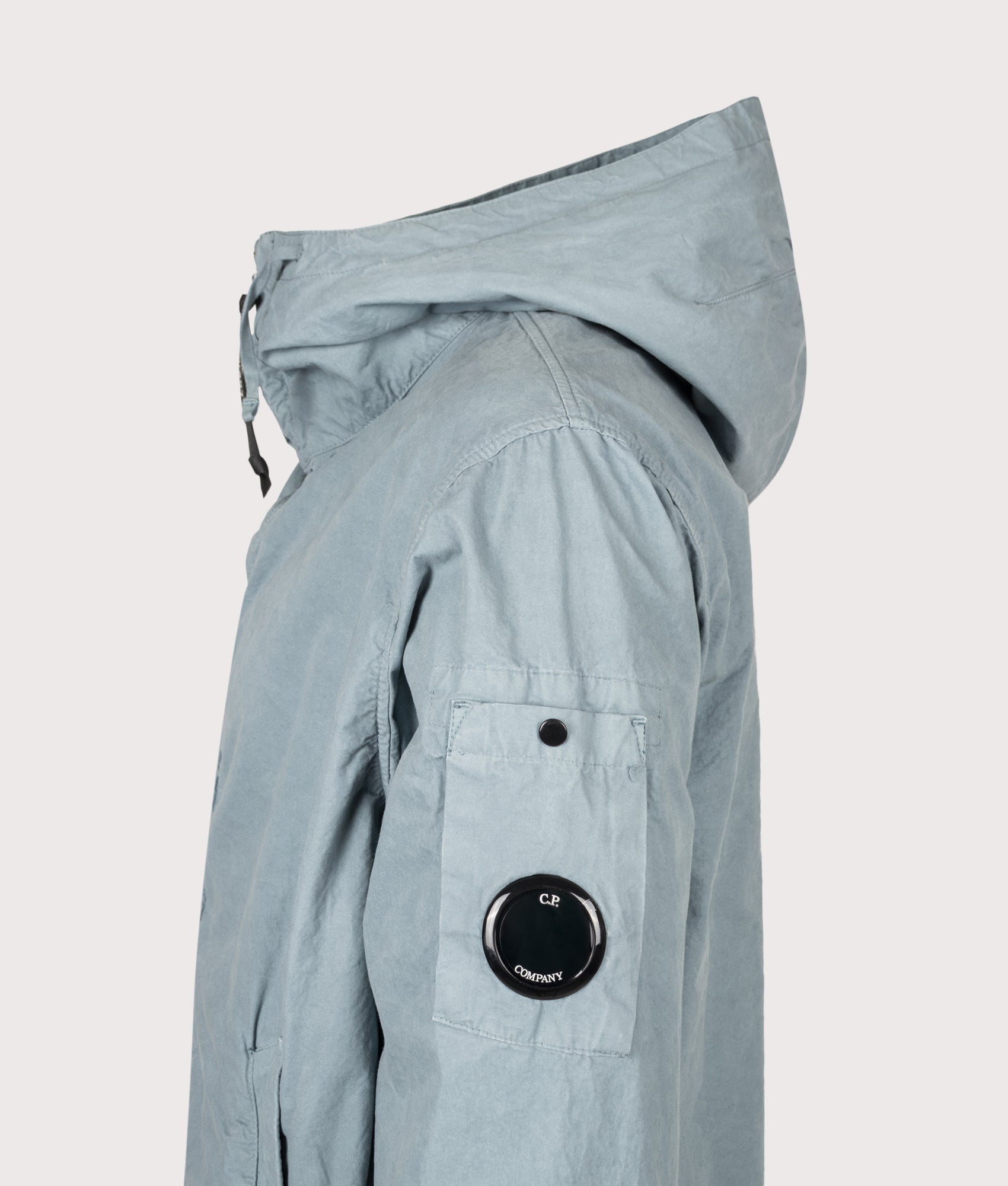 C.P. Company Micro-Reps Hooded Lens Jacket in Silver Blue at EQVVS Menswear. Detail shot.