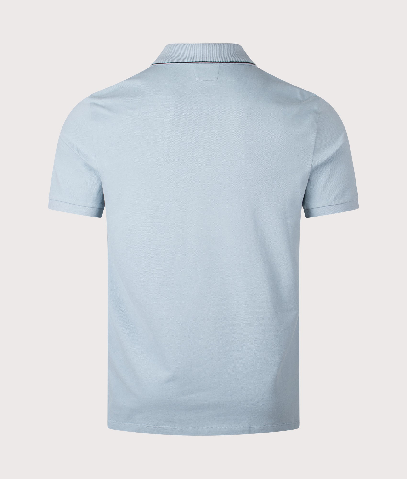 C.P. Company Stretch Piquet Short Sleeve Logo Polo Shirt in Silver Blue at EQVVS Menswear. Back shot.
