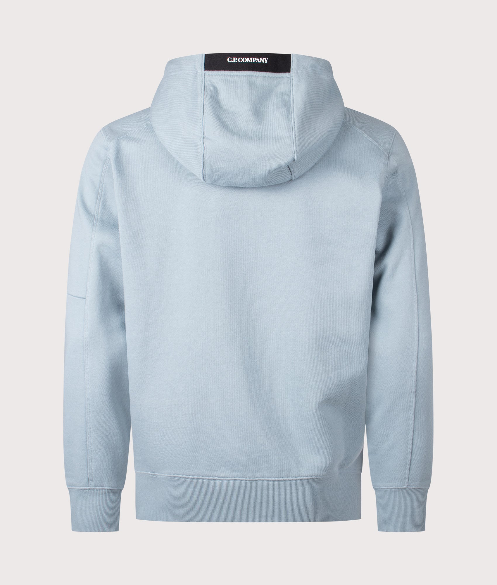 C.P. Company Diagonal Raised Fleece Lens Hoodie in Silver Blue at EQVVS Menswear. Back shot.
