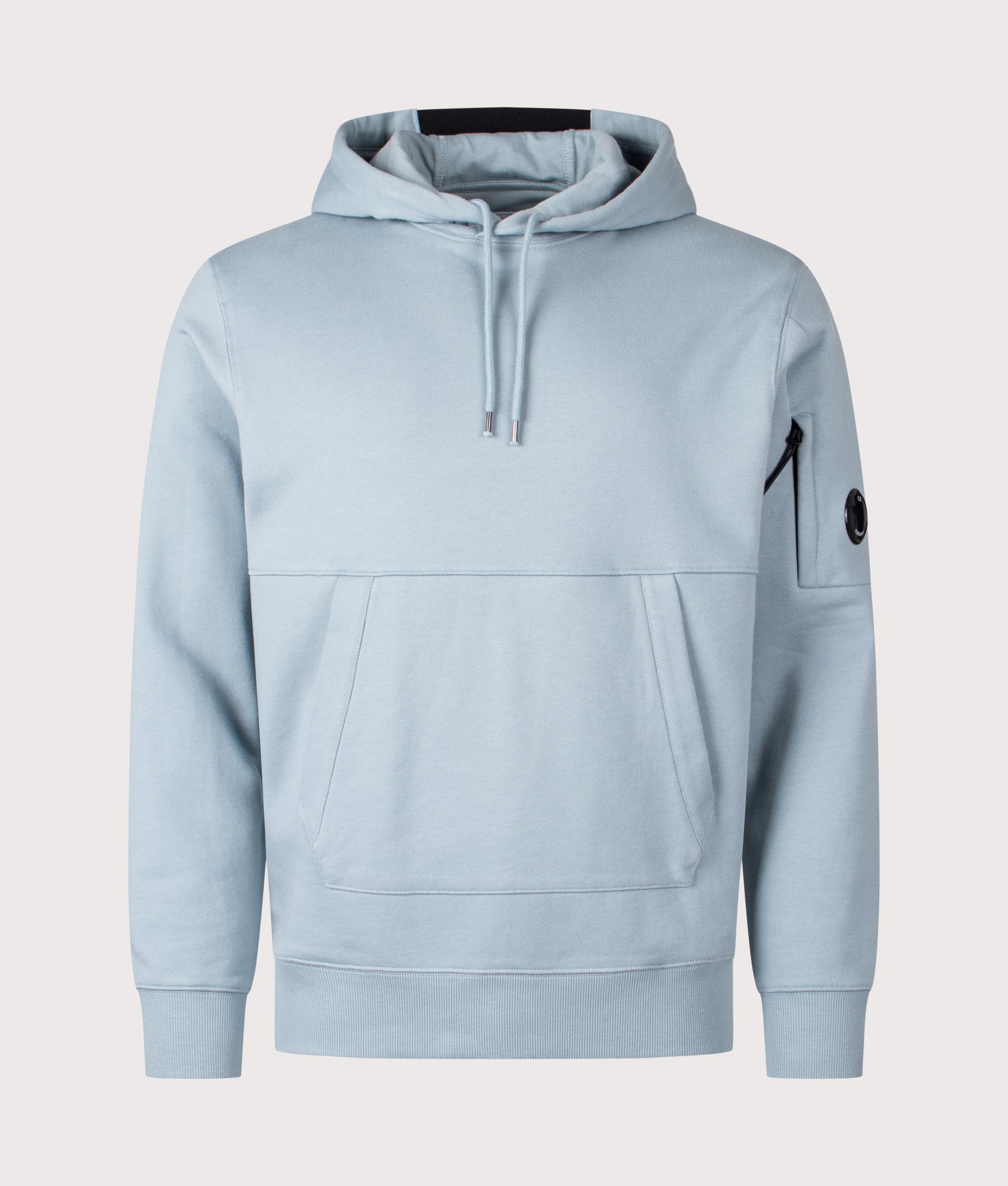 C.P. Company Diagonal Raised Fleece Lens Hoodie in Silver Blue at EQVVS Menswear. Front shot.