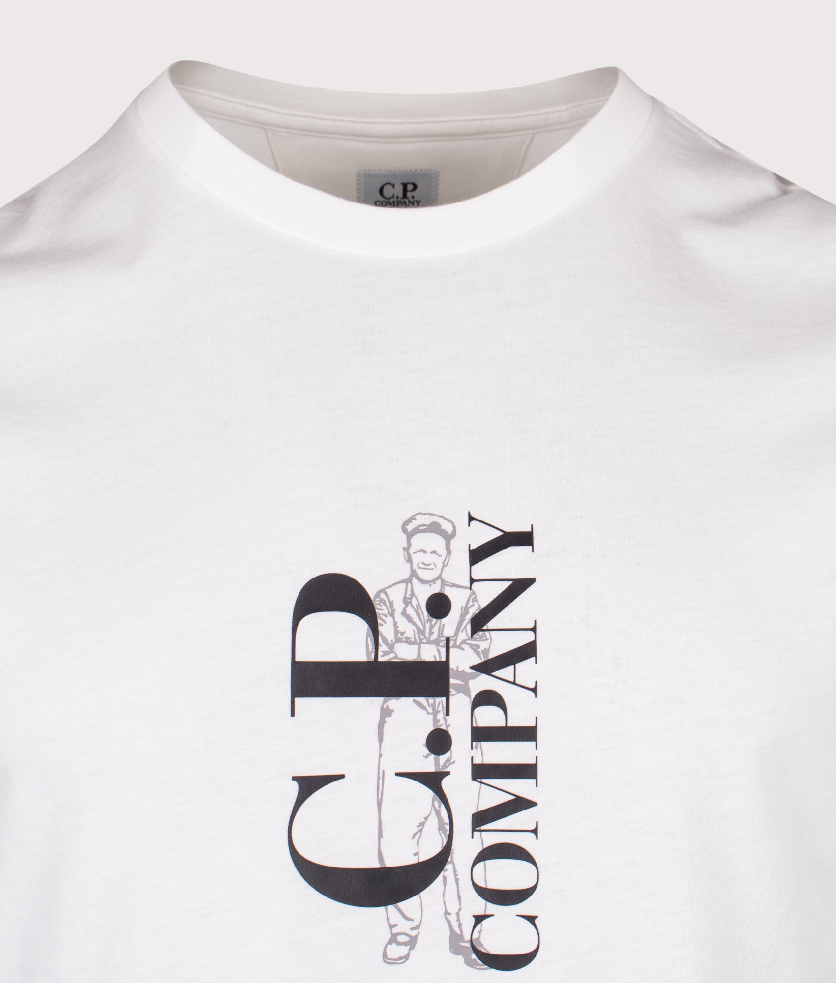 C.P. Company 30/1 Jersey Short Sleeve Printed T-Shirt in Gauze White at EQVVS Menswear. Detail shot.