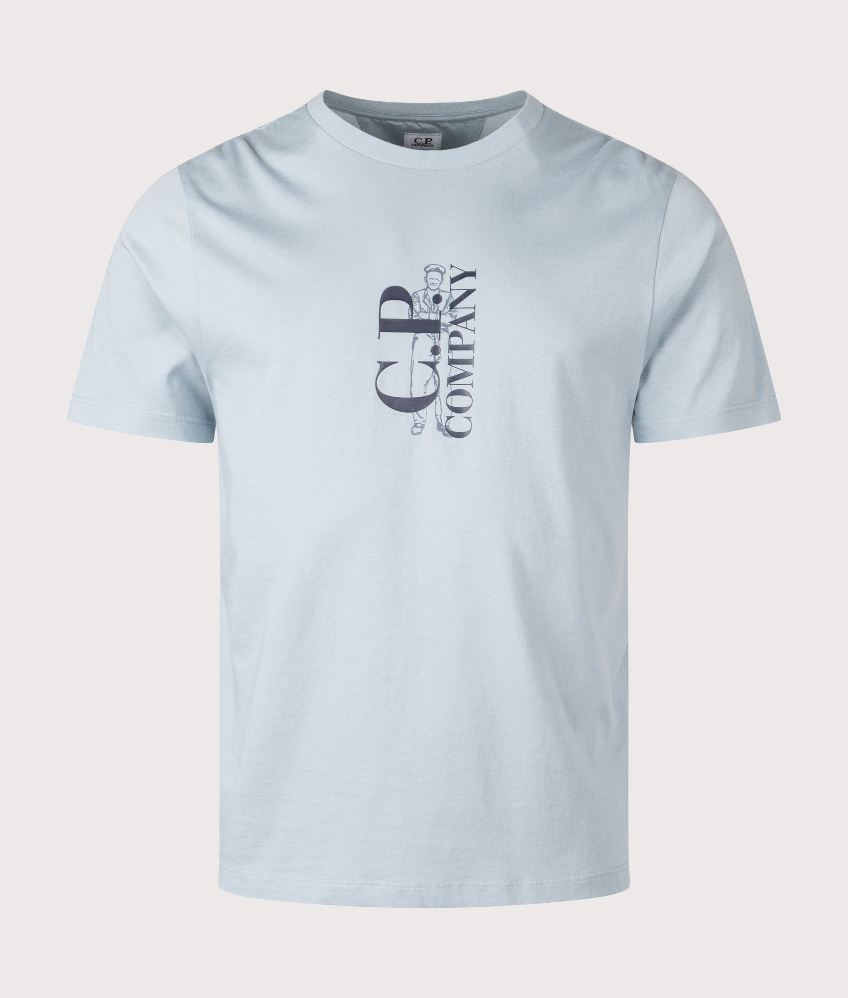 C.P. Company 30/1 Jersey Short Sleeve Printed T-Shirt in Silver Blue at EQVVS Menswear. Front shot.