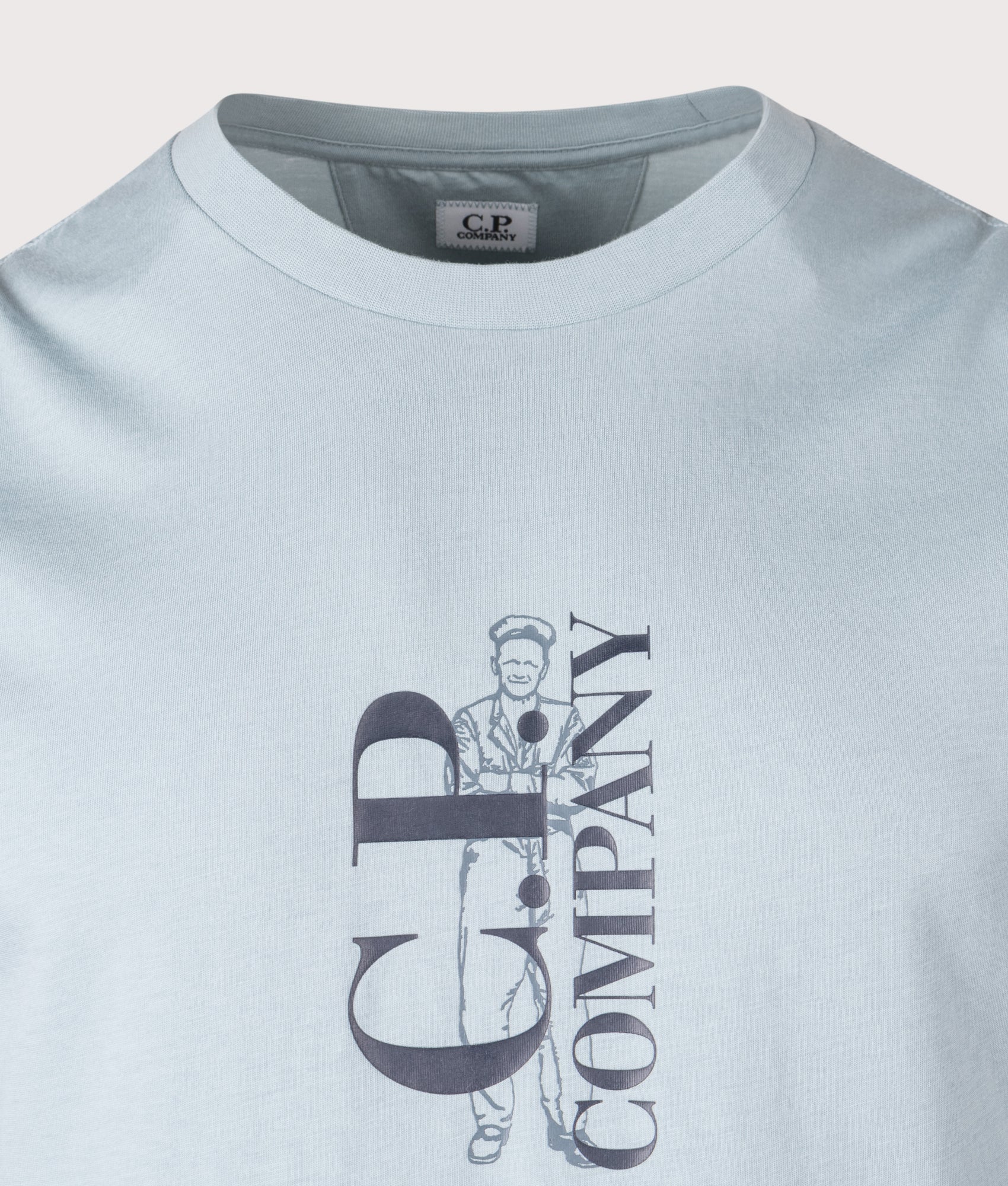 C.P. Company 30/1 Jersey Short Sleeve Printed T-Shirt in Silver Blue at EQVVS Menswear. Detail shot.