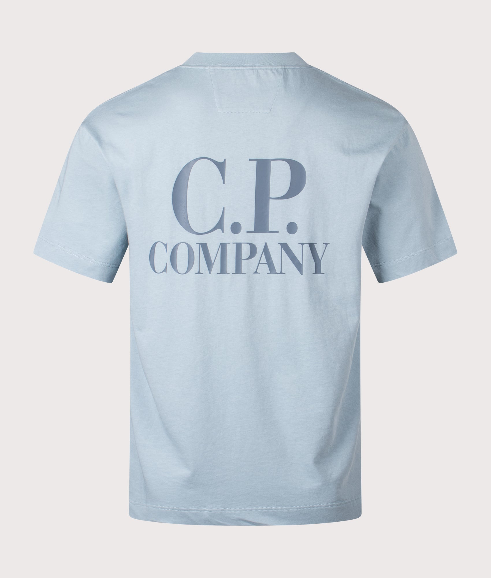 C.P. Company release the 30/1 Jersey Short Sleeve Logo T-Shirt in Silver Blue at EQVVS Menswear. Back shot.