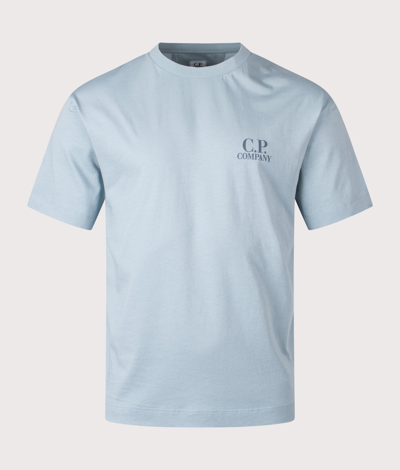 C.P. Company release the 30/1 Jersey Short Sleeve Logo T-Shirt in Silver Blue at EQVVS Menswear. Front shot.