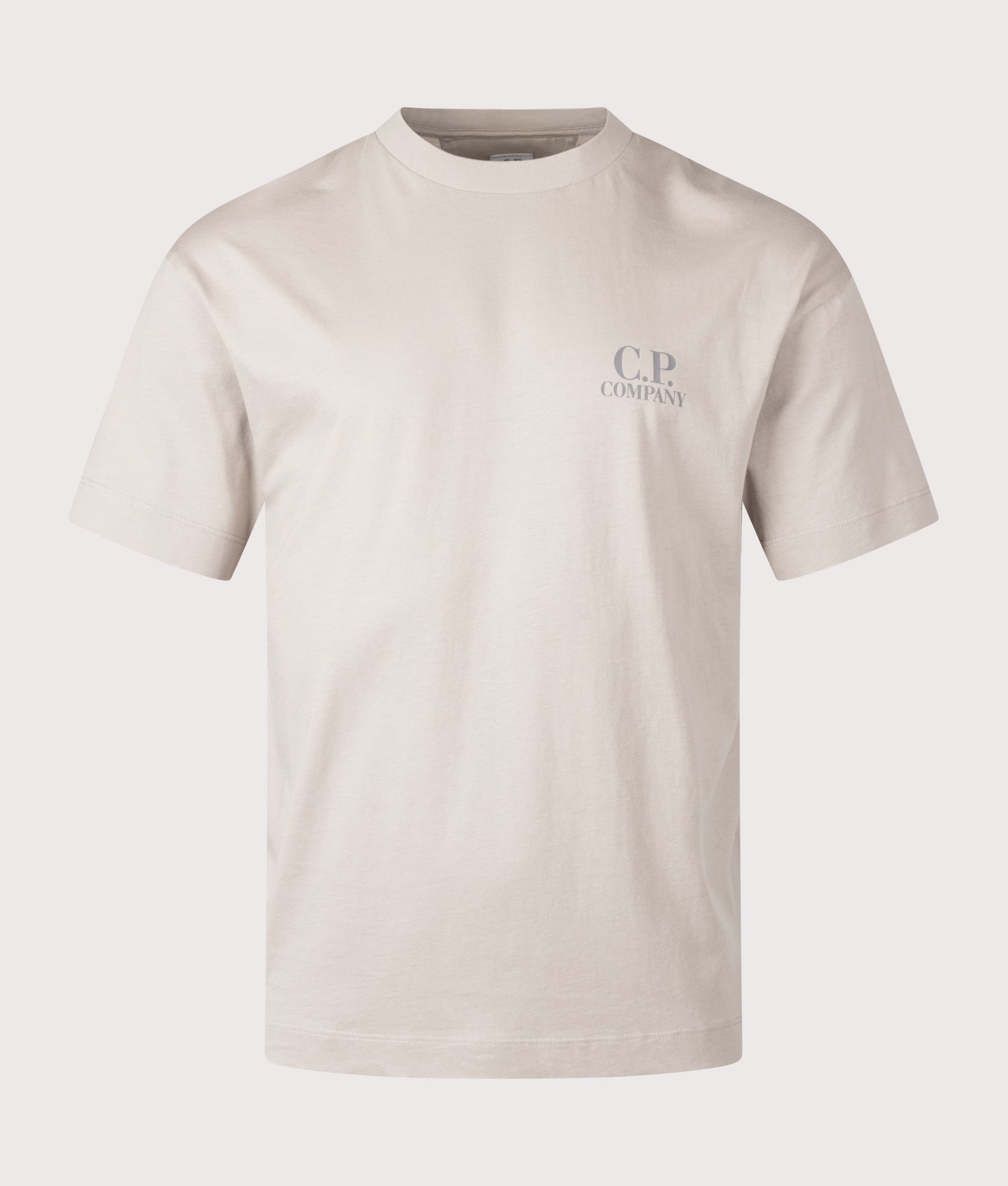 C.P. Company release the 30/1 Jersey Short Sleeve Logo T-Shirt in Dove at EQVVS Menswear. Front shot.