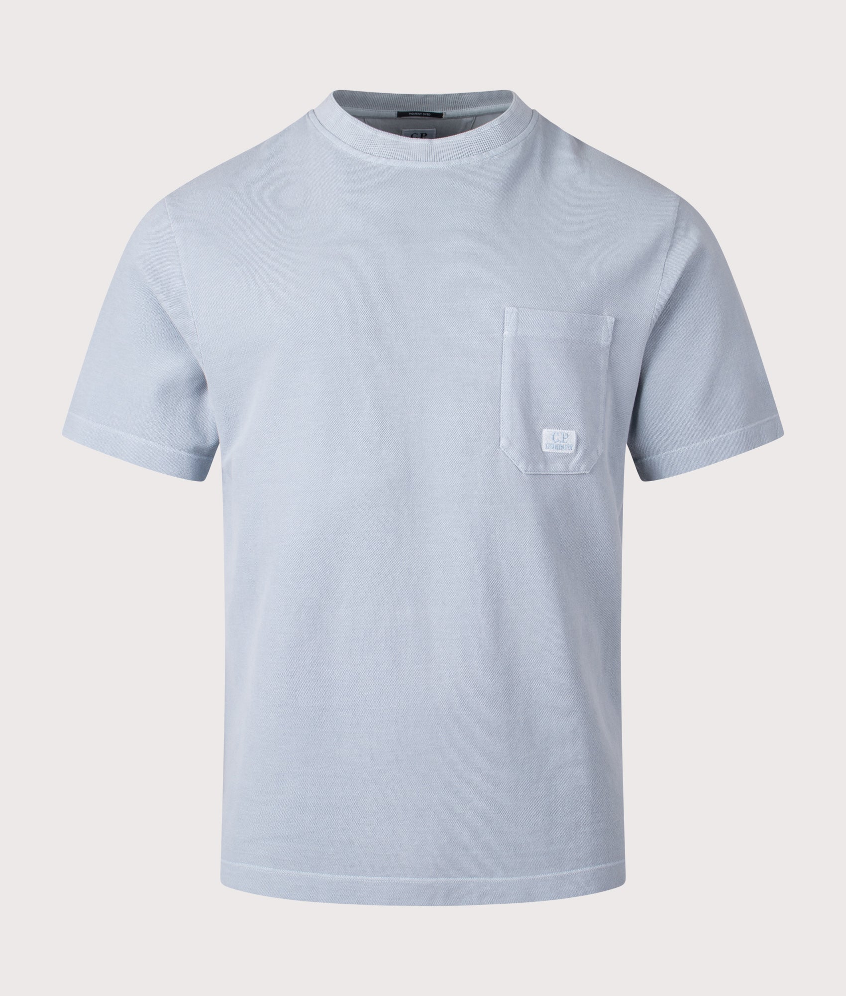 C.P. Company 24/1 Piquet Pigment Dyed Short Sleeve T-Shirt in Silver Blue at EQVVS Menswear. Front shot.