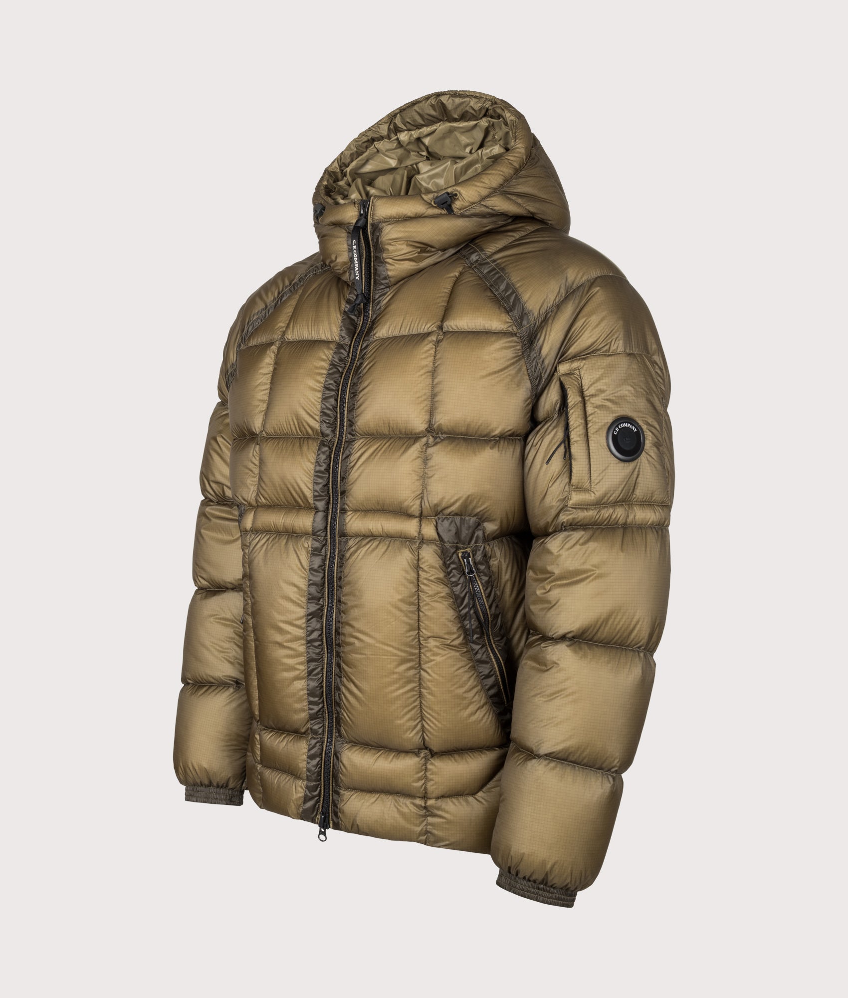 C.P. Company D.D. Shell Hooded Down Jacket in Ermine at EQVVS Menswear. Angled front shot.