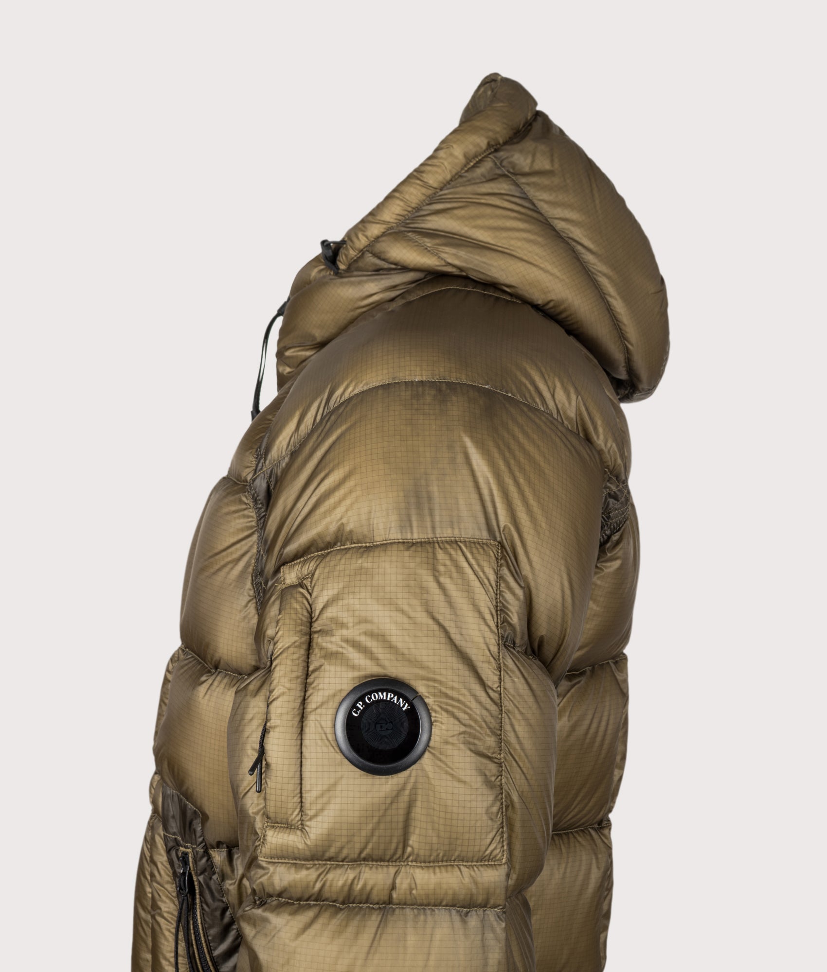 C.P. Company D.D. Shell Hooded Down Jacket in Ermine at EQVVS Menswear. Detail shot.