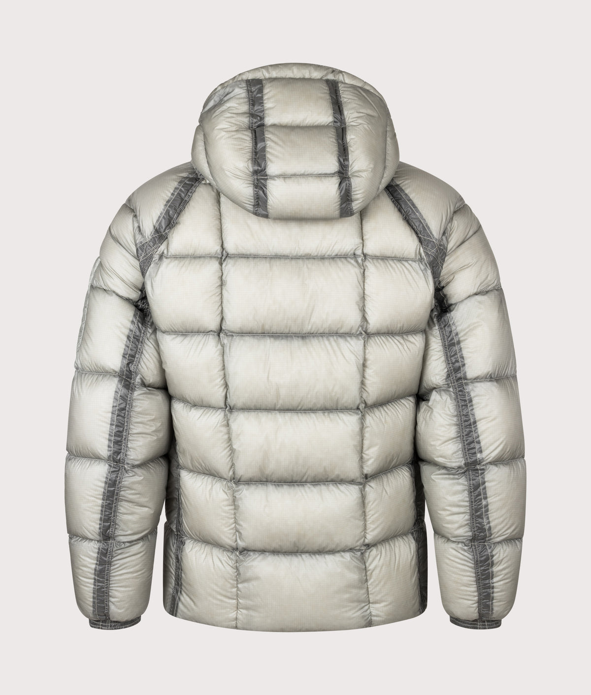 C.P. Company D.D. Shell Hooded Down Jacket in Flint Grey at EQVVS Menswear.  Back shot.