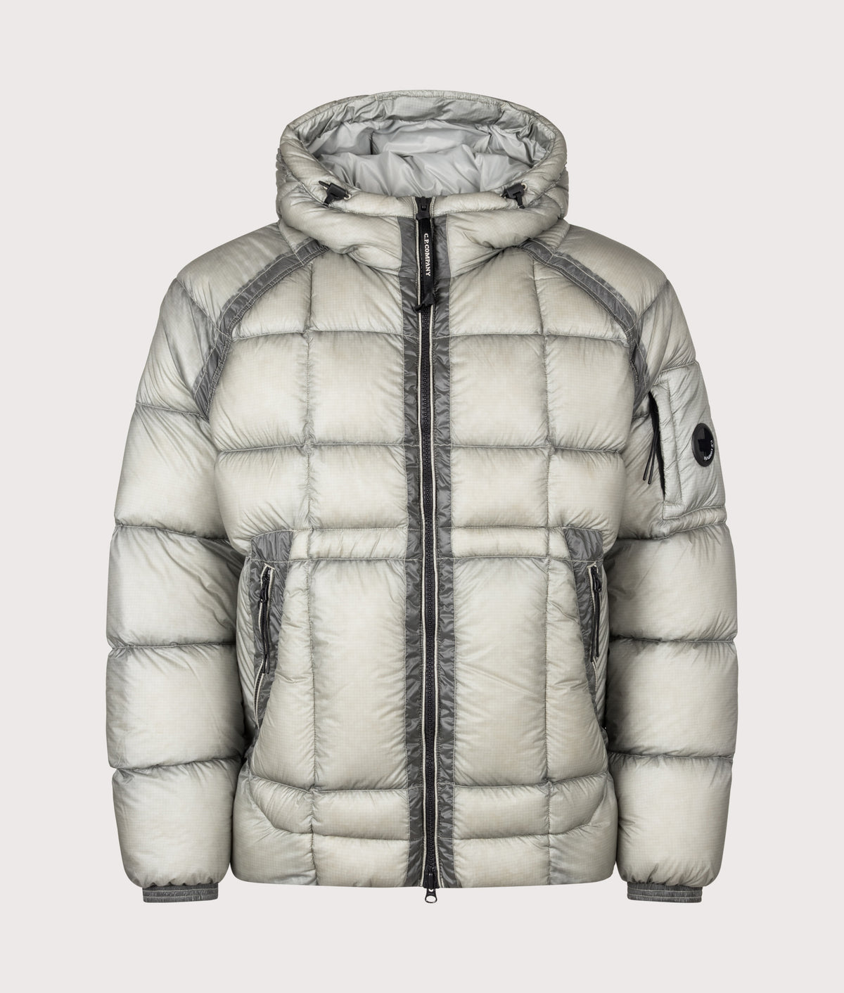C.P. Company D.D. Shell Hooded Down Jacket in Flint Grey at EQVVS Menswear. Front shot.