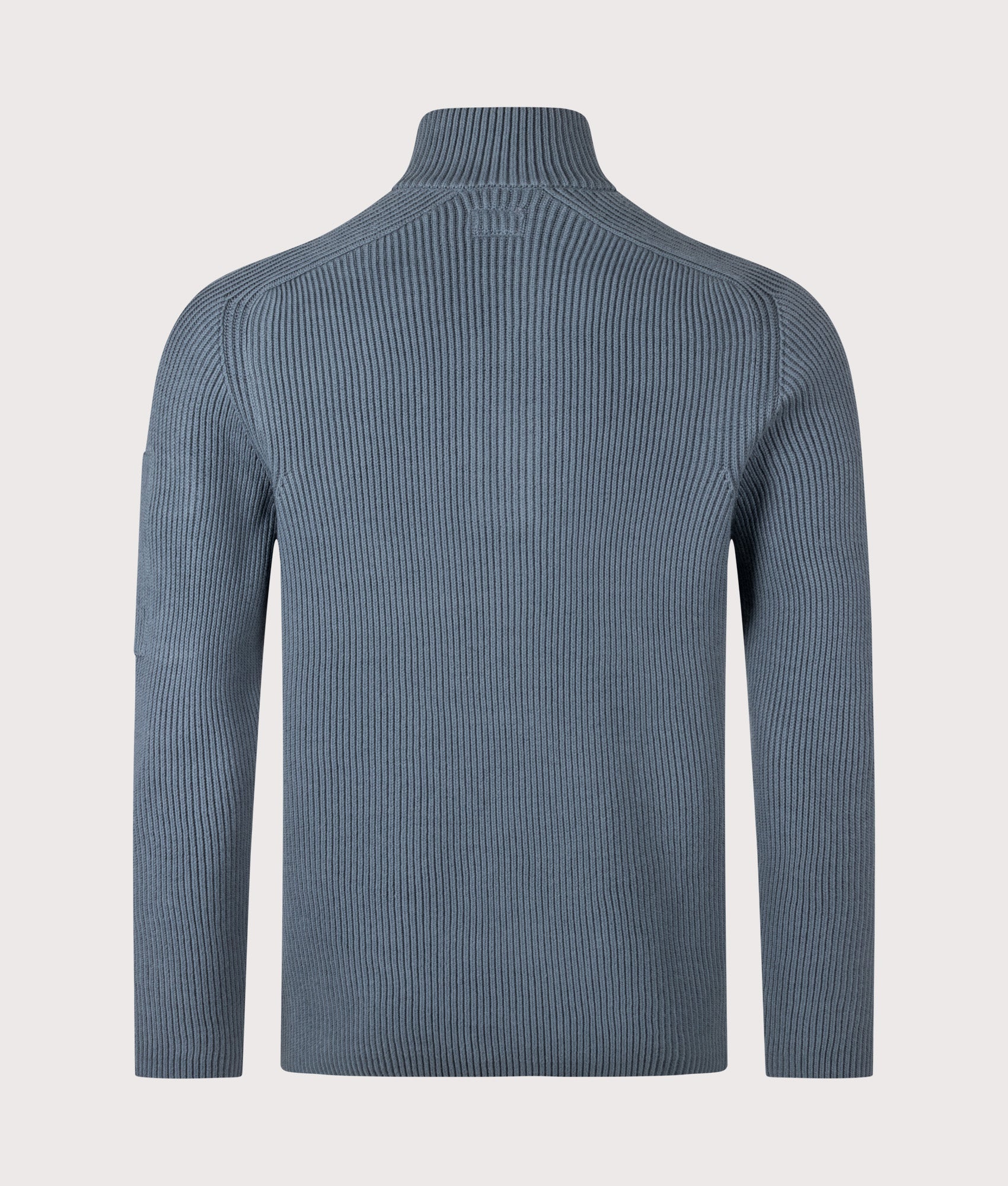 C.P. Company Full Rib Cotton Half Button Lens Jumper in Orion Blue at EQVVS Menswear. Back shot.